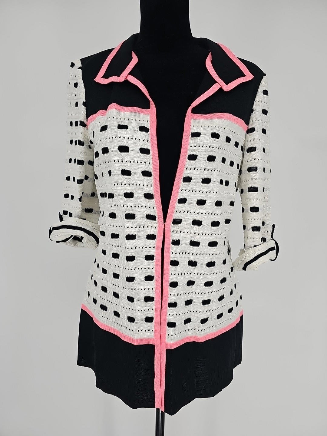 Ming Wang Knit Cardigan Small Sweater Pink Black White Sly Jacket