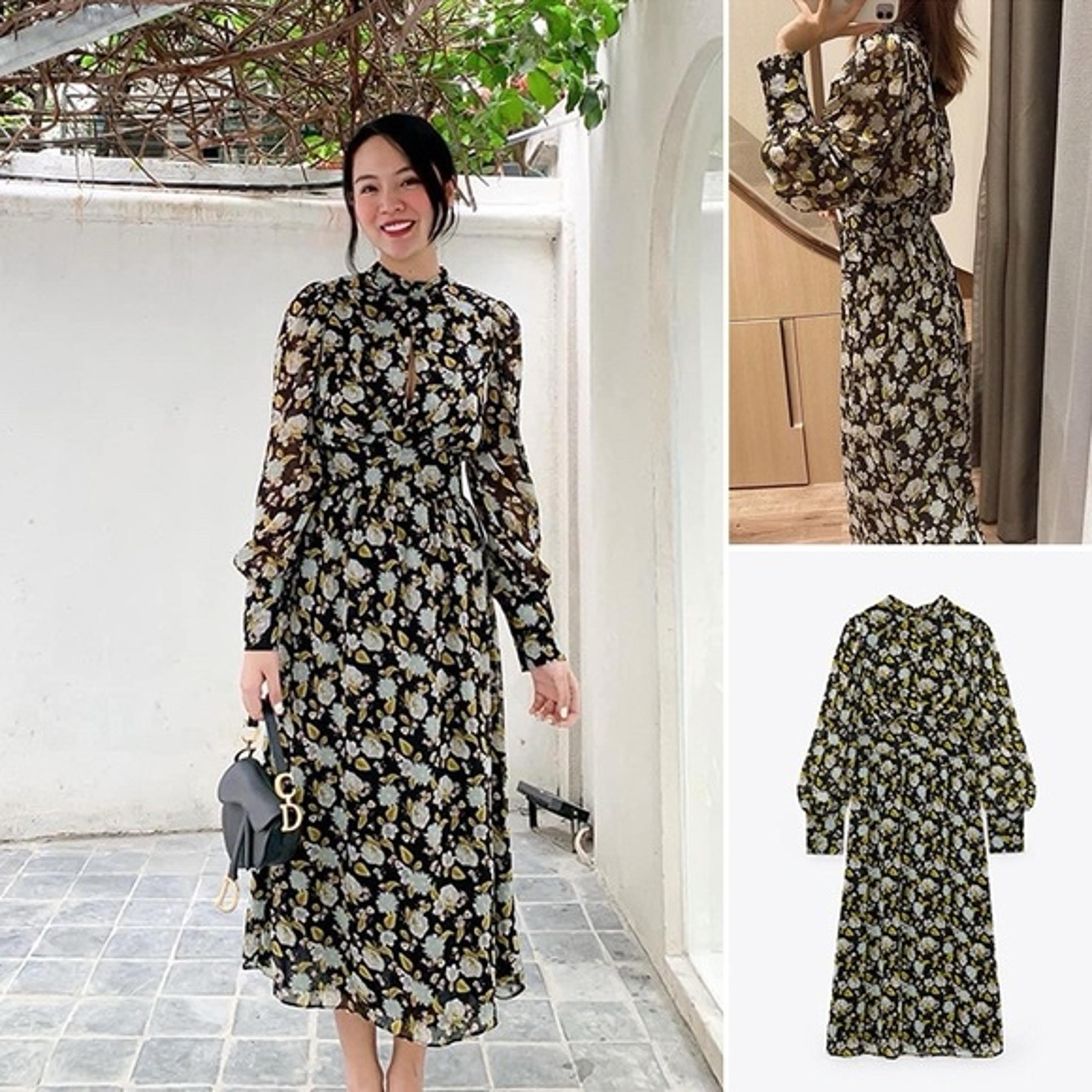 ZARA Floral Print Swiss Dot Peek a boo slit chest Midi Dress