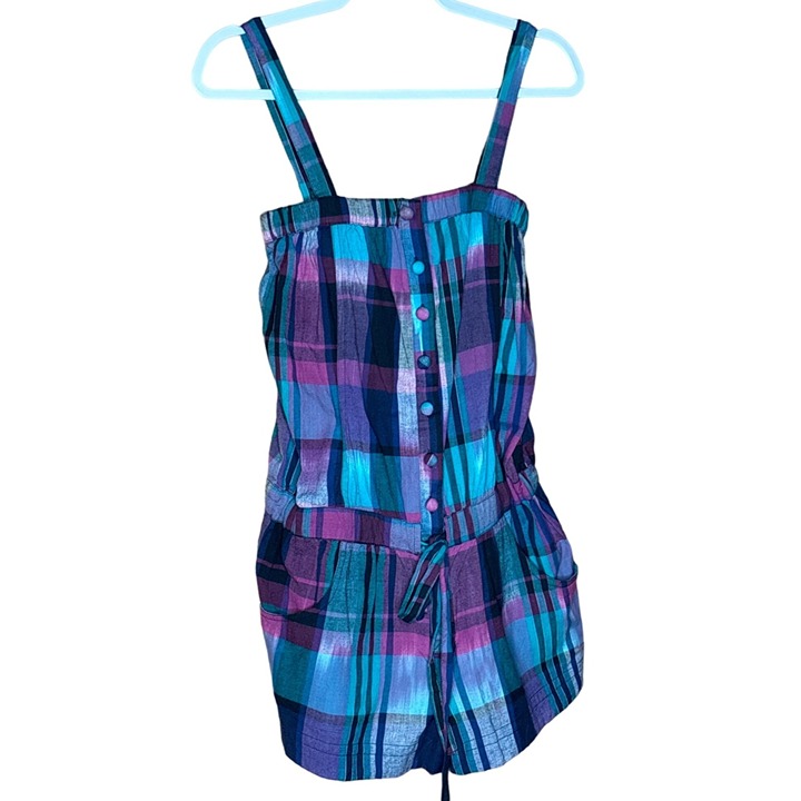 Confess Womens Medium Plaid Cotton Romper With Adjustable Straps & Button Closur