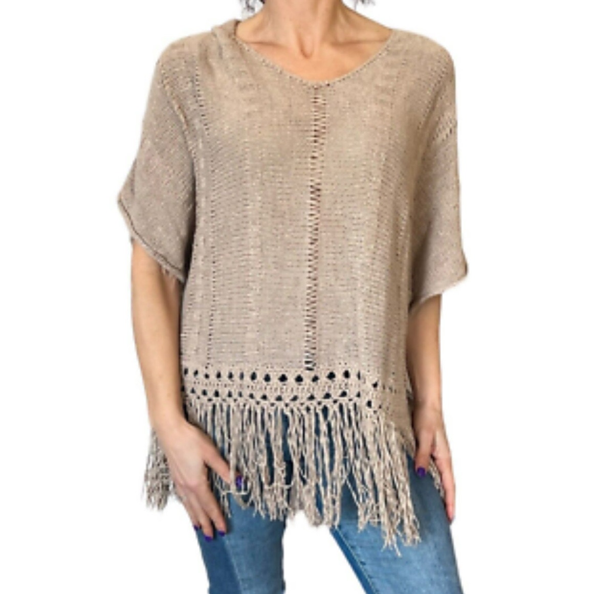 Roxy Fringe V-Neck Crochet Knit Sweater Women’s Large Cream Short Sleeve Beachy