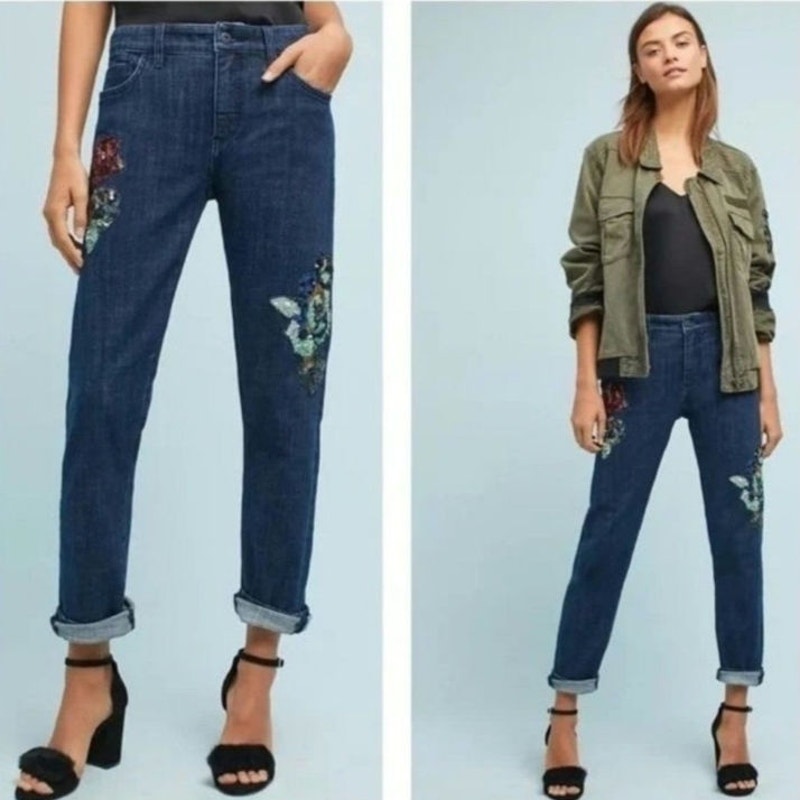Anthropologie Pilcro and the Letterpress Floral Sequin Slim Boyfriend Jean