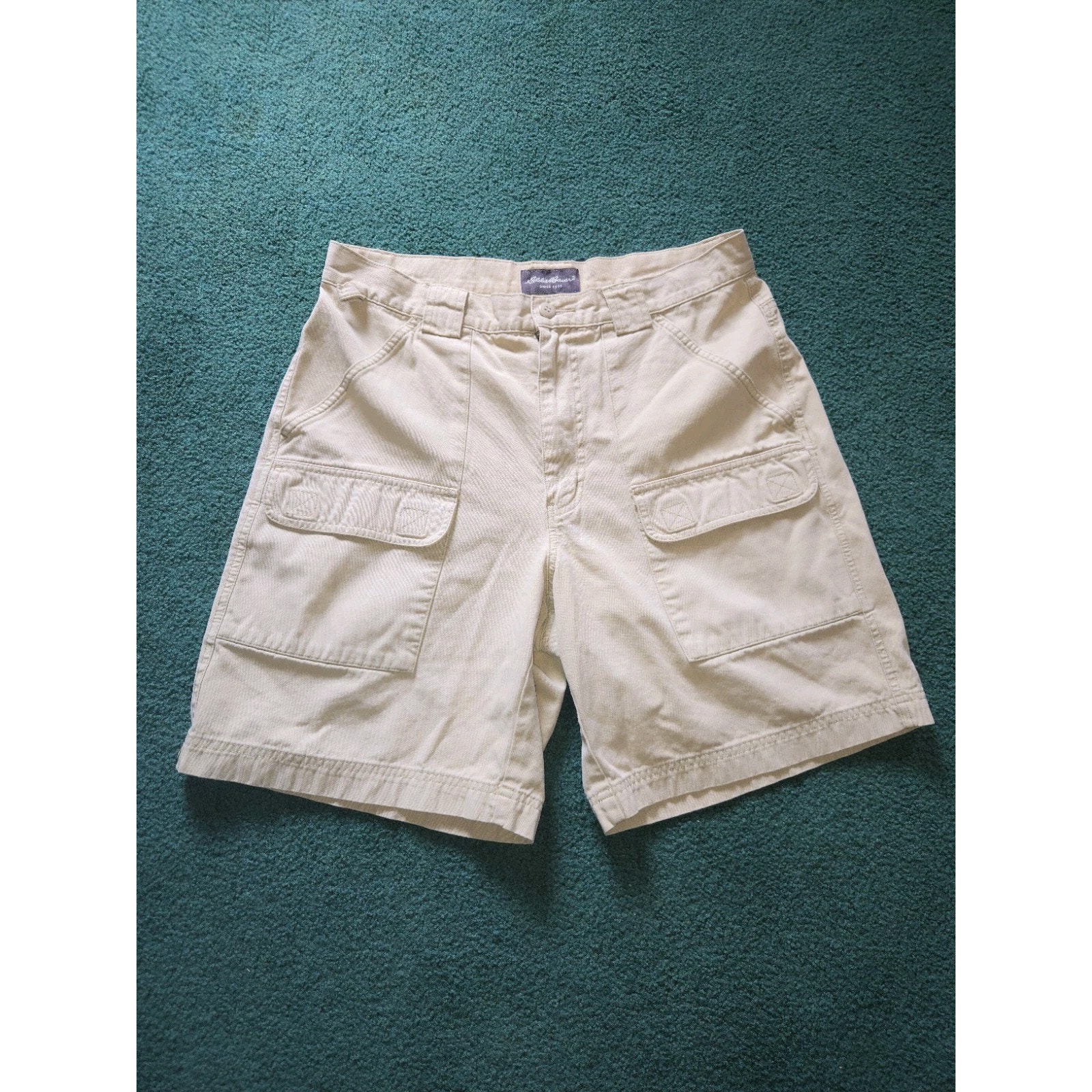 Eddie Bauer Mens Cargo Shorts Sz 33 Beige 7 Pocket Baggy Outdoor Hiking Camping