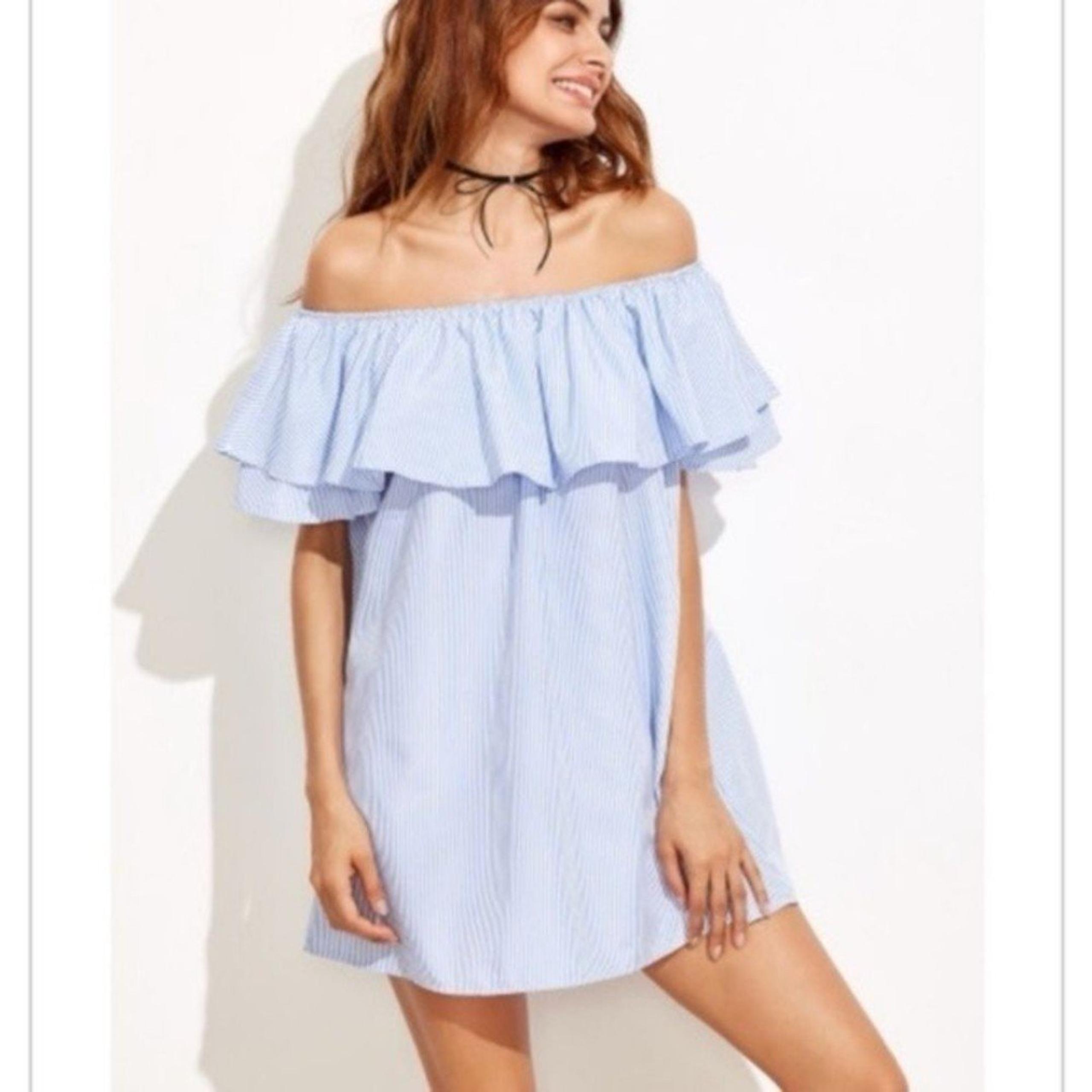 ZARA | Exaggerated Ruffle Striped Dress Women's S Cotton Off Shoulder Mini Blue