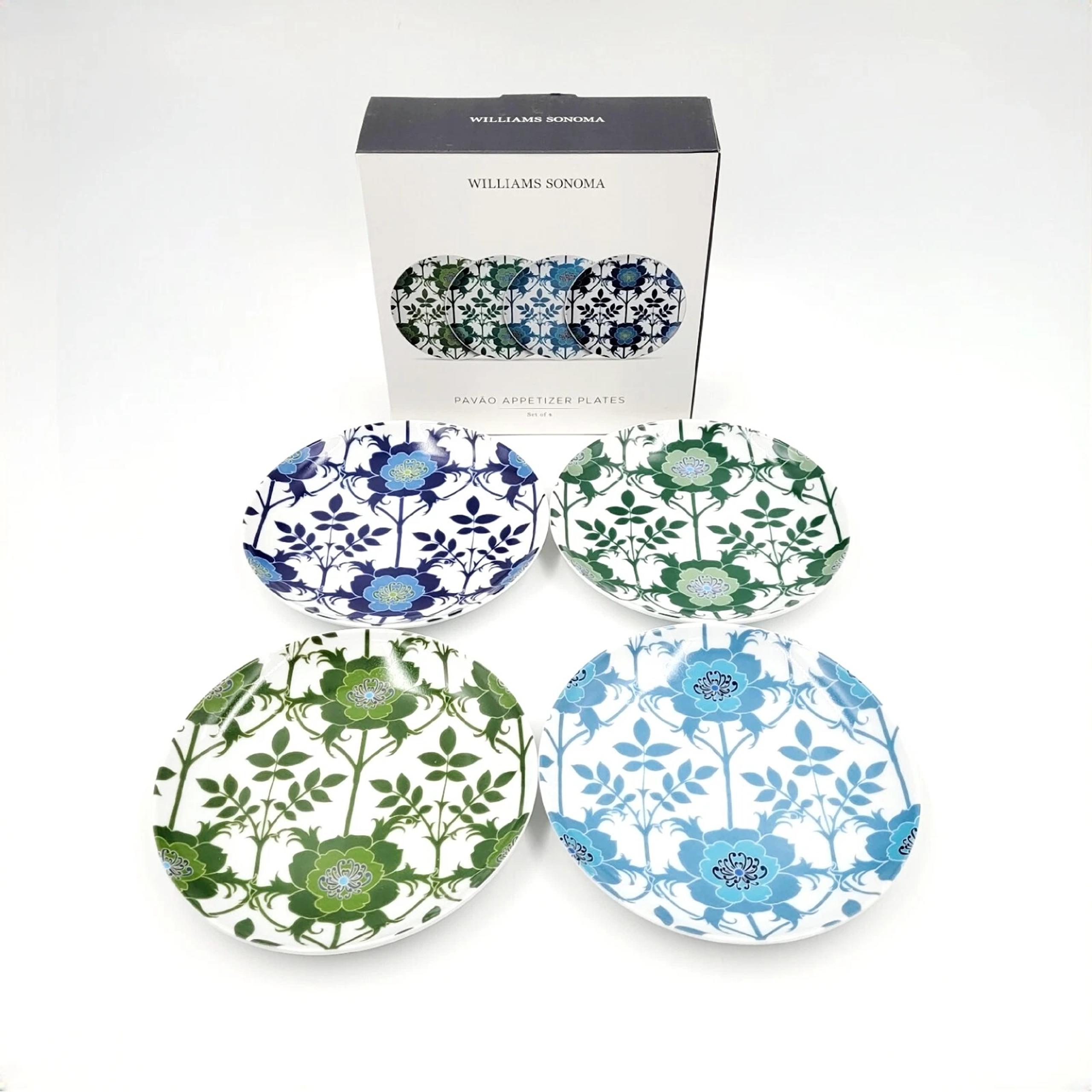 Williams Sonoma Pavao Blue & Green Floral Appetizer Plates Set of 4