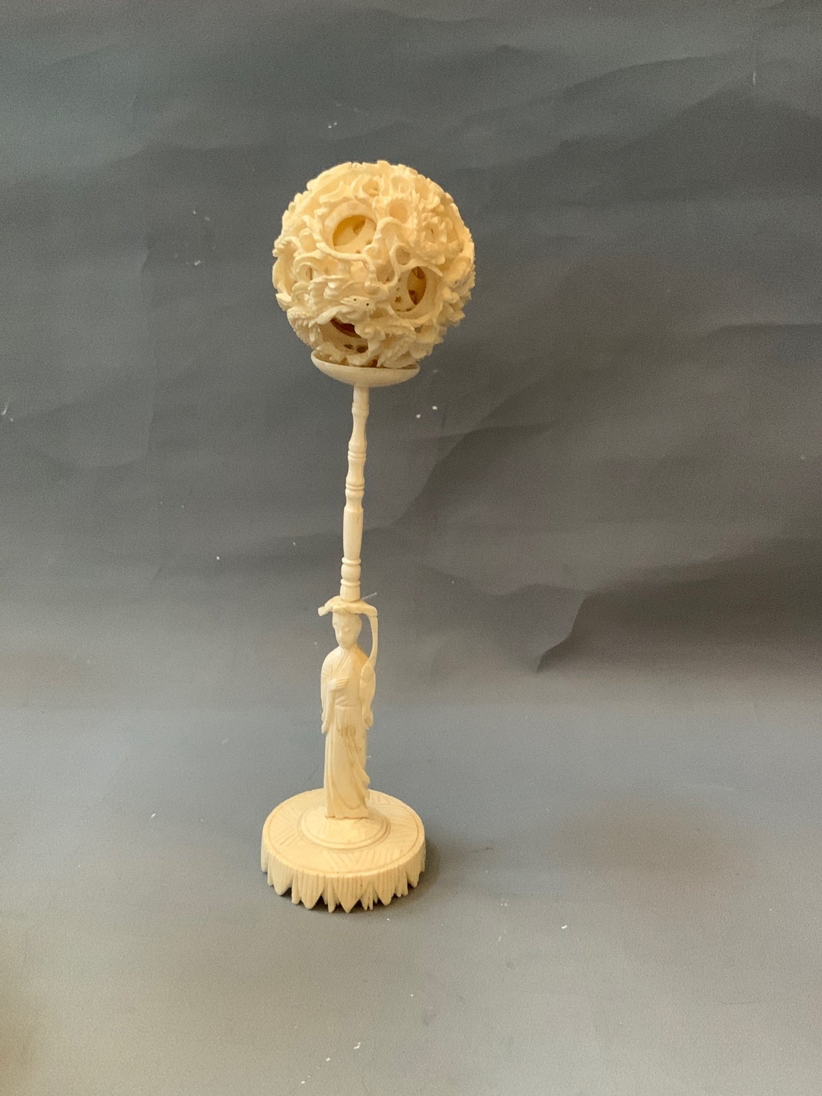 Antique Carved Ball and Figure Base