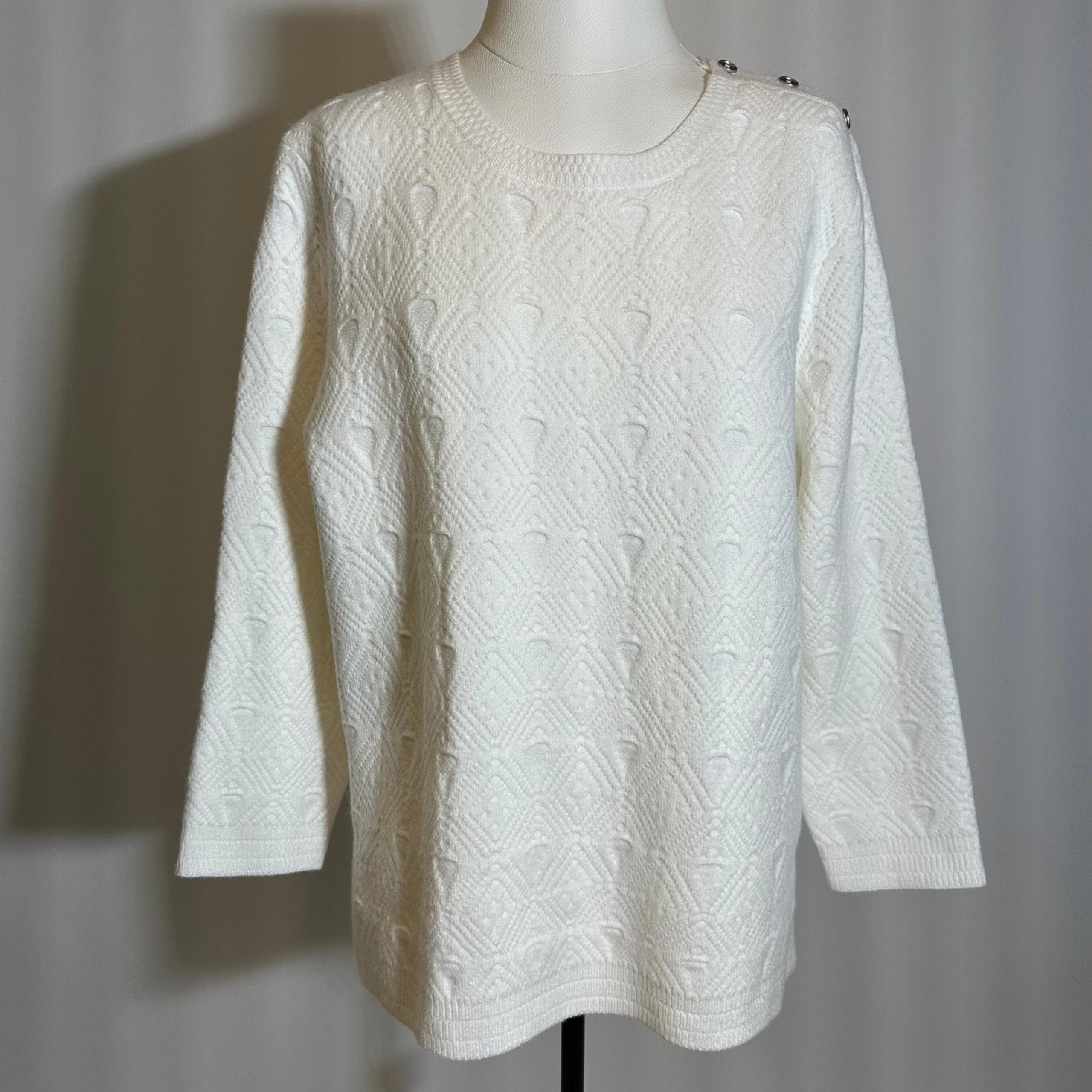 NWT Alfred Dunner White Textured Cable Button Shoulder Sweater Womens Size Large