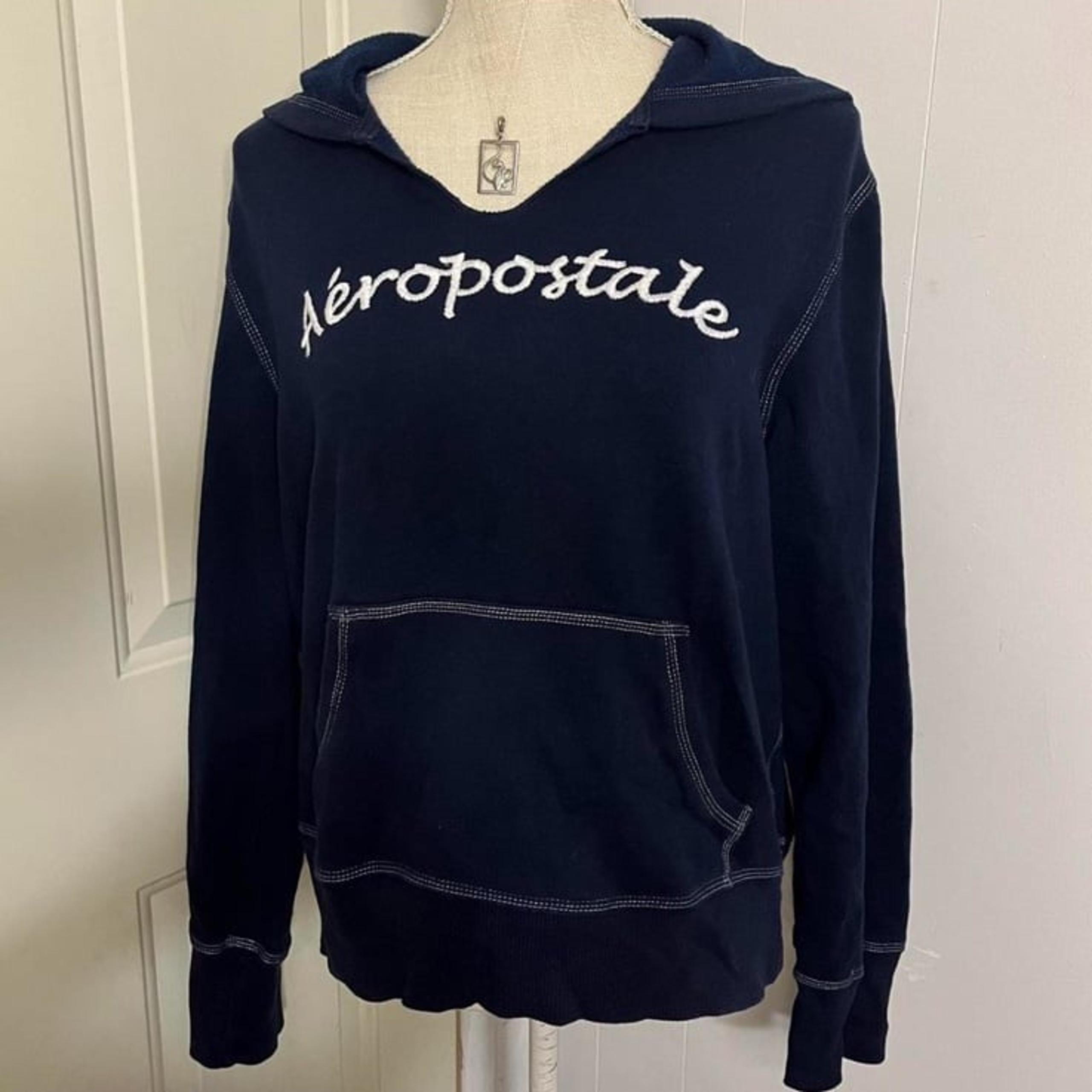 Women’s Vintage Y2K Navy Aeropostale Hoodie with White Lettering Size Medium