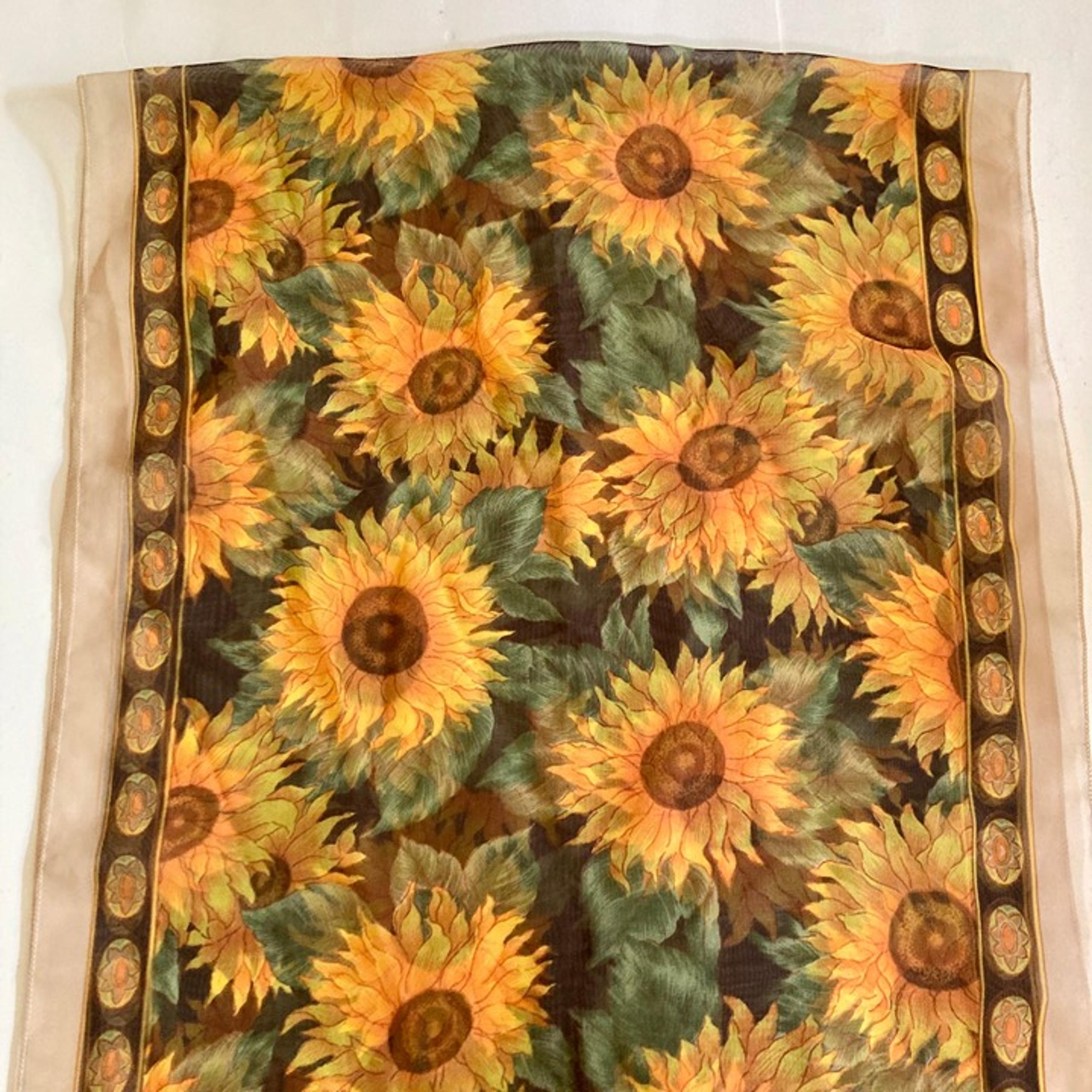 Vintage Sunflower Flower Chiffon Scarf 80s 18 X 62" Long Summer Polyester Korea