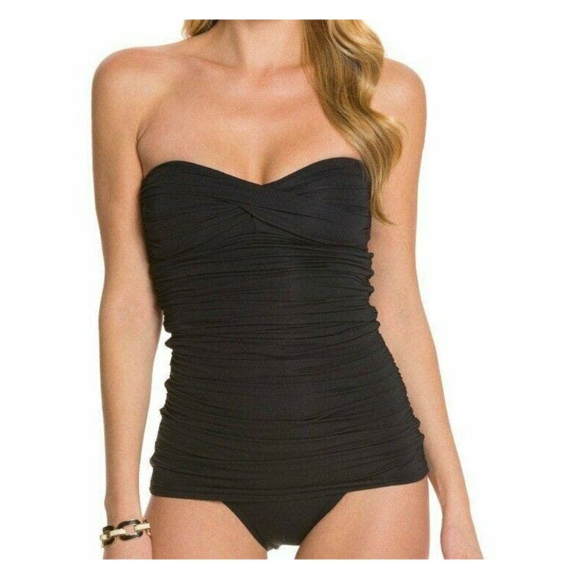 Carmen Marc Valvo Black Strapless Swimsuit Size 10 Bandeau Ruched Swimdress