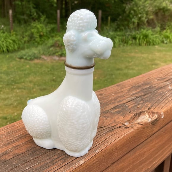 Vintage Light Blue Milk Glass Poodle Mid Century Modern Wine Decanter Bottle