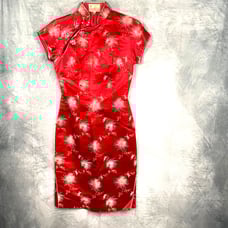 Vintage Madame Koo Chinese Cheongsam red satin Dress sz 8 side slits brocade