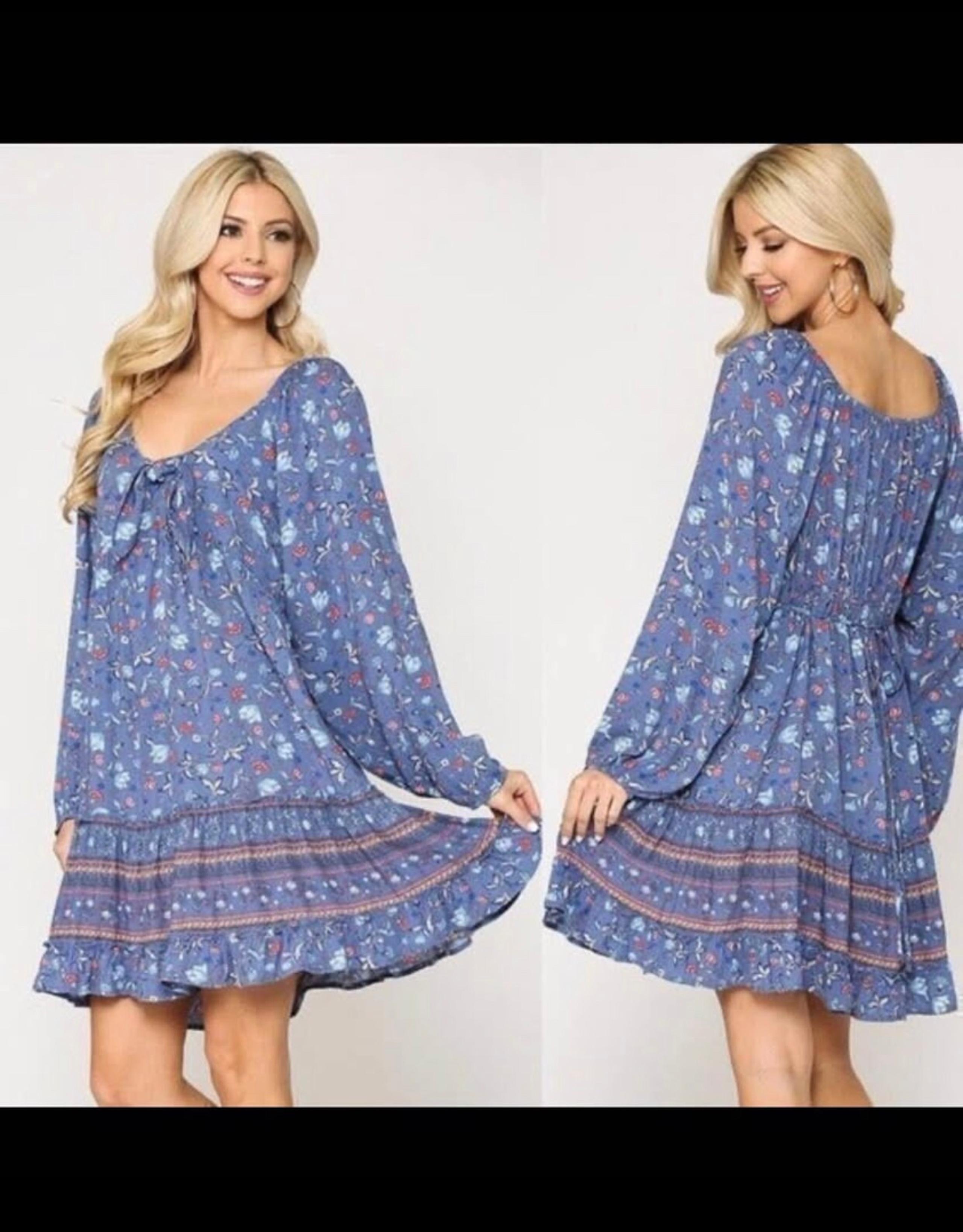 Gigio | Natalie Floral Bow Front Tie Dress Navy Peri blue long sleeve- Large