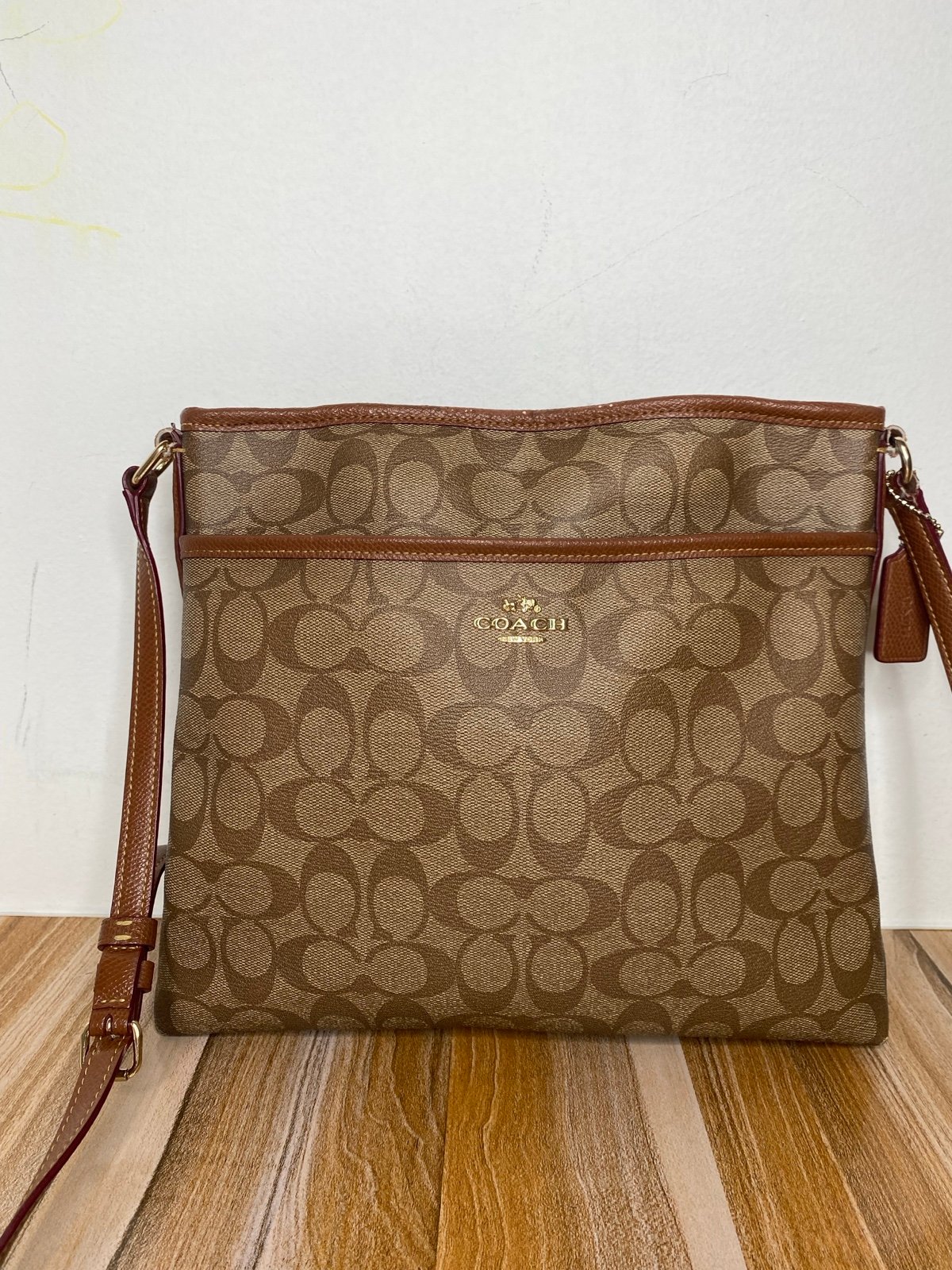 Coach Signature File Messenger Cross-Body Bag Brown Khaki