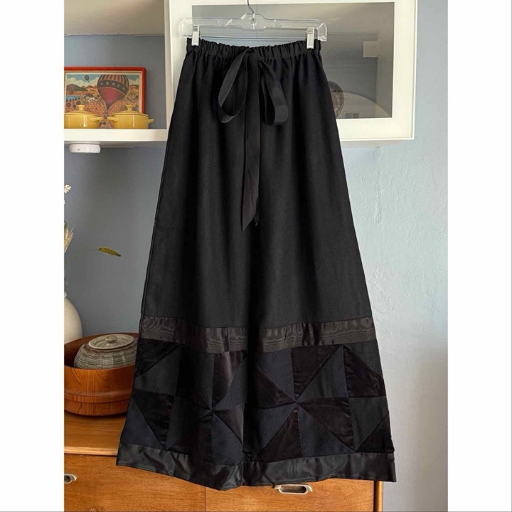 Vintage 70’s Mr. Hank Patchwork Skirt Maxi Hostess Skirt Black Wool Velvet S