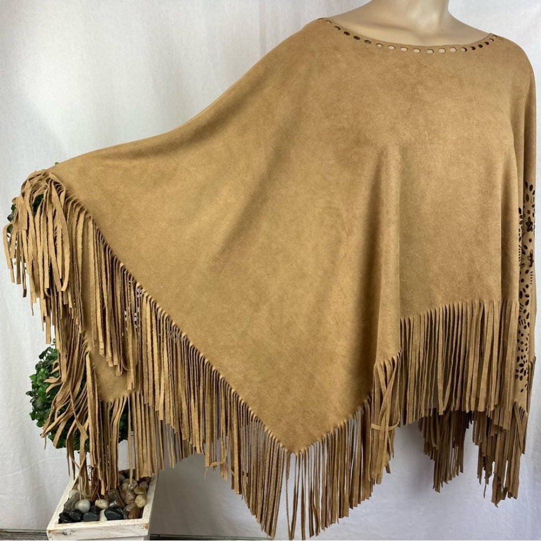 Brown Faux Suede Fringe Laser Cutout Trim Pancho
