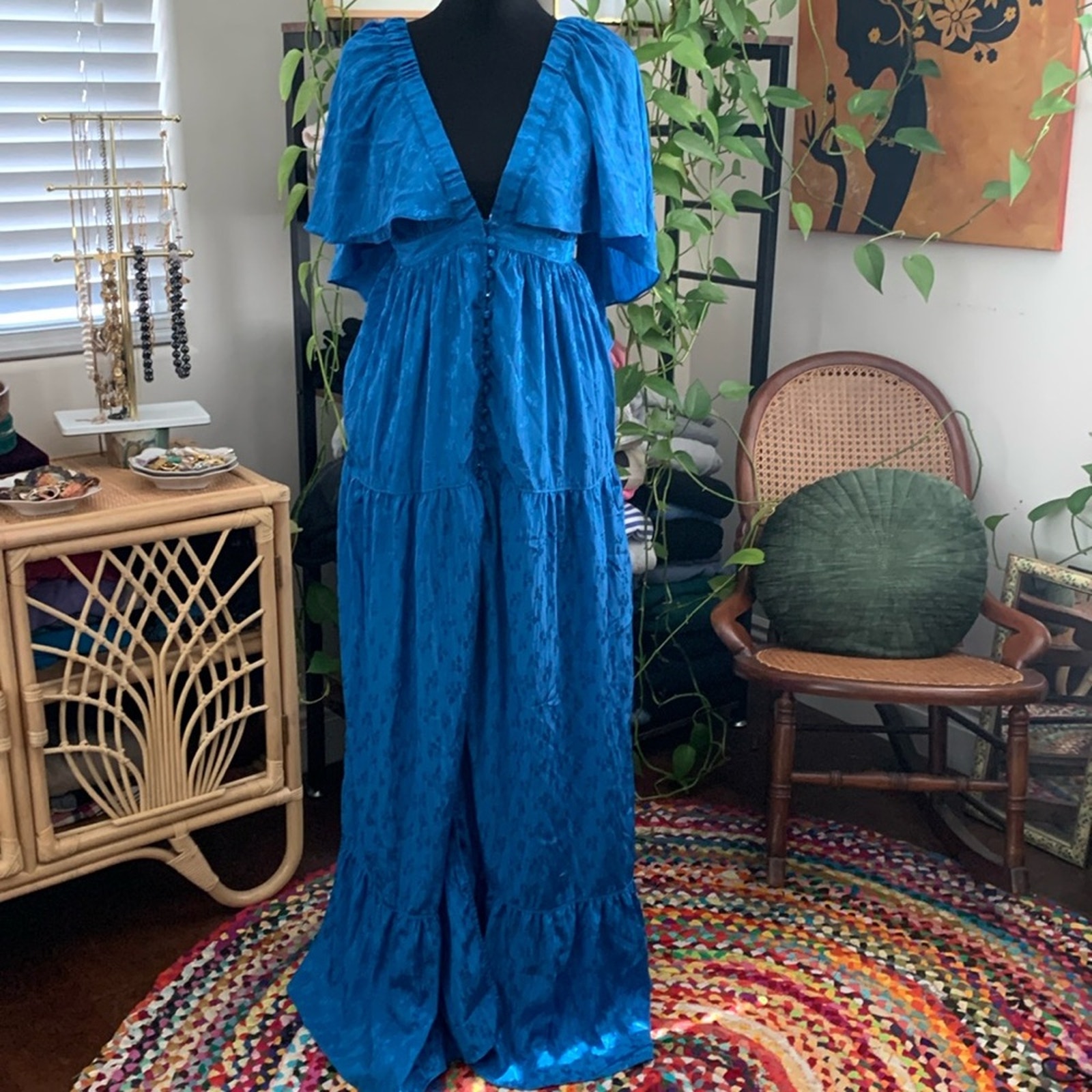 Free People Cha Cha Blue Jacquard Button Up Flutter Sleeve Maxi Dress
