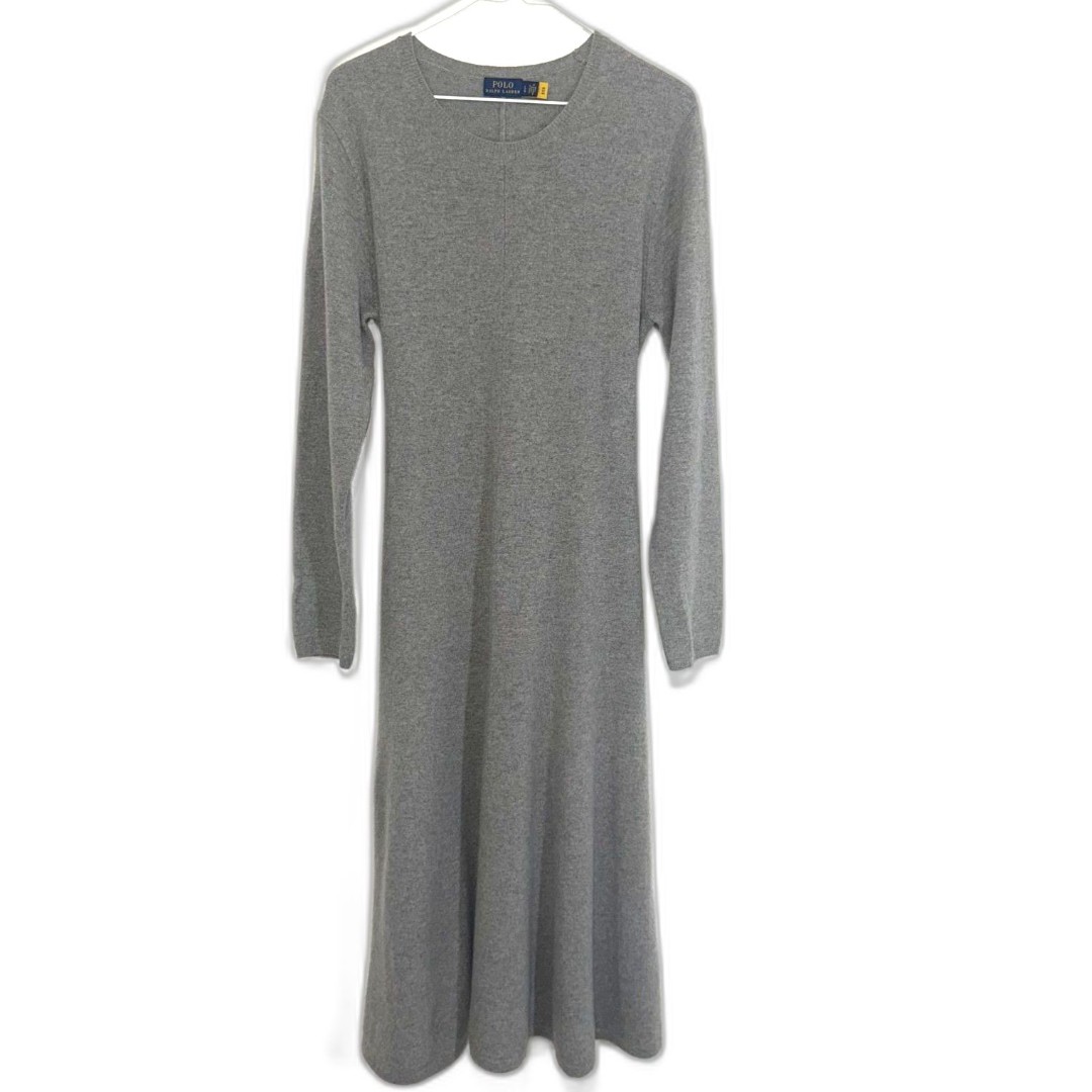 POLO Ralph Lauren Cashmere Crew Neck Tie Belted Midi Dress - Gray L