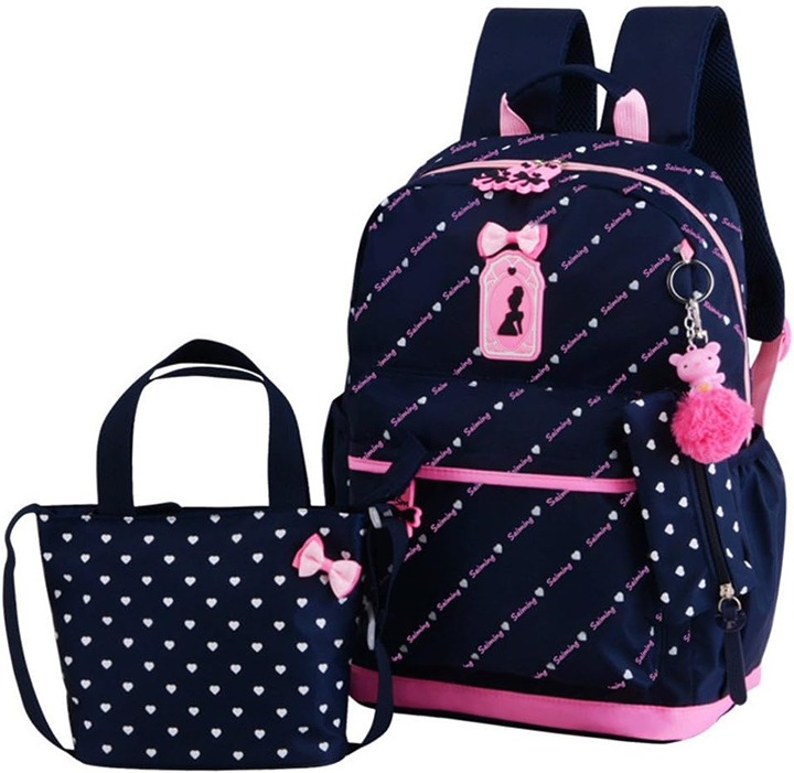 Girls 3Pcs Backpack Set Heart Print Bowknot School Shoulder Bag