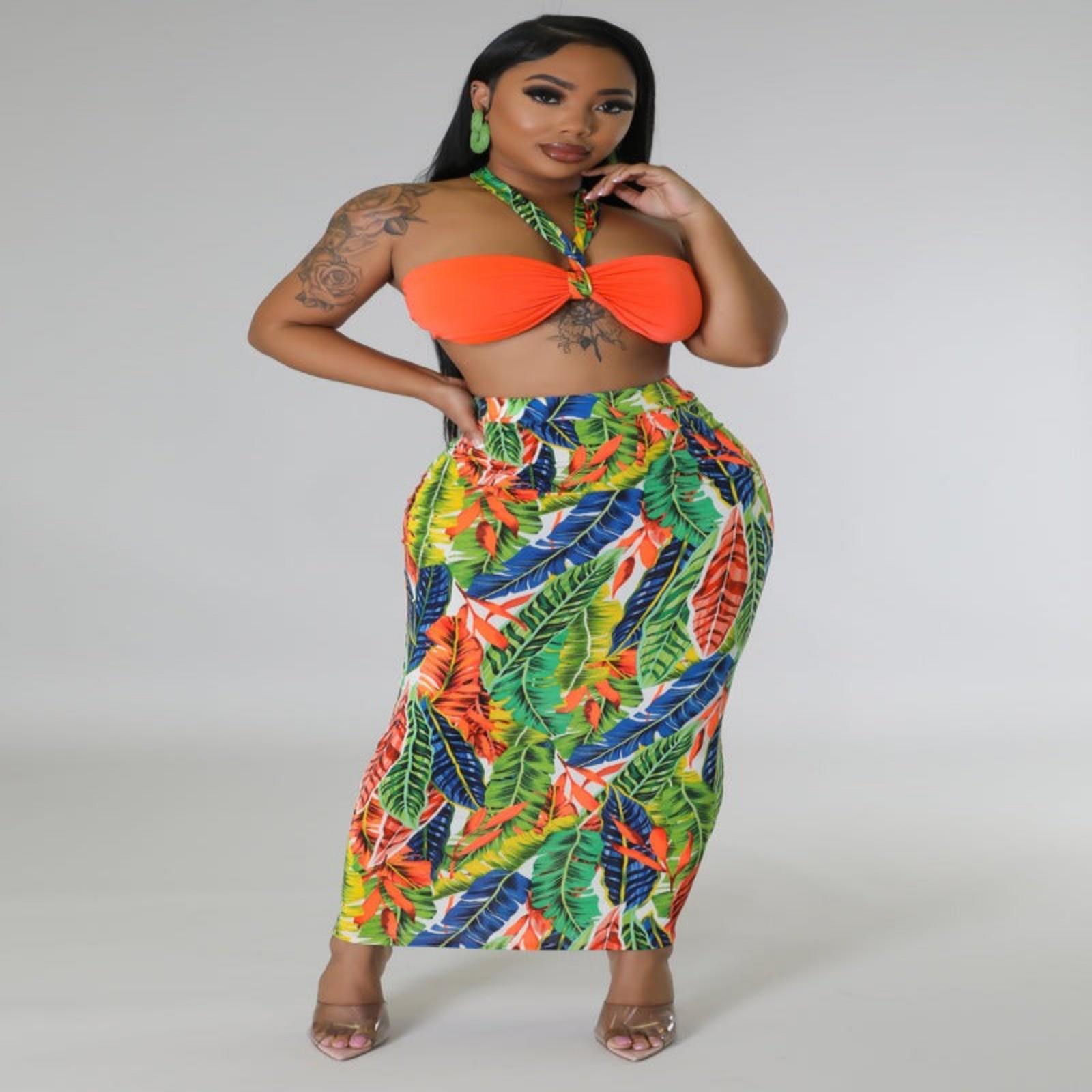 Print Halter Neck Bra Top & Skirt Set