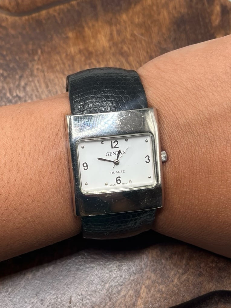 Vintage faux black leather Geneva cuff watch