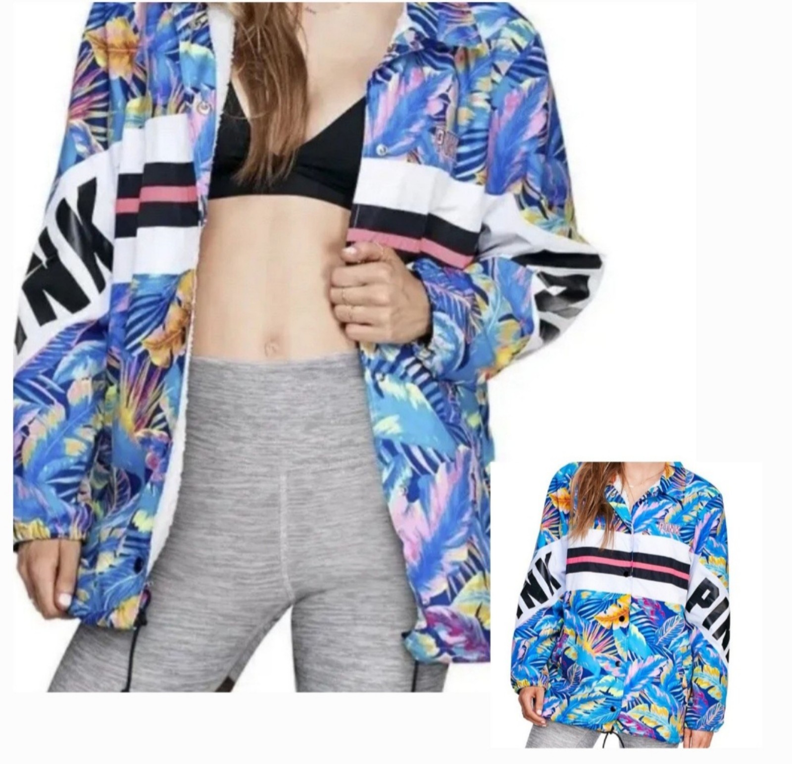 Victoria's Secret PINK Sherpa Lined Coaches Jacket Tropical Print Size Medium