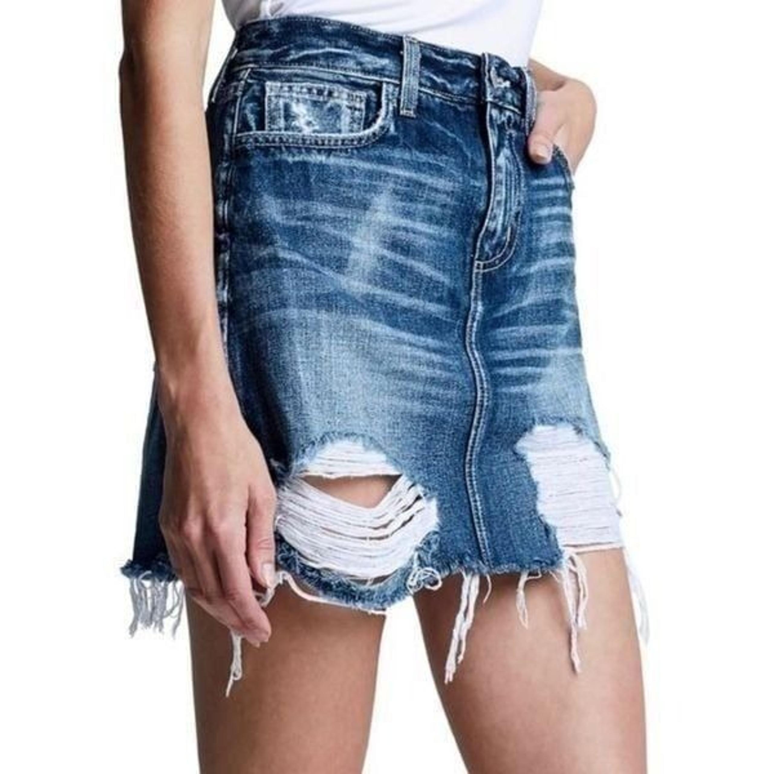 L’AGENCE Jolene Denim Raw Edge Mini Skirt Destructed Newberry Blue