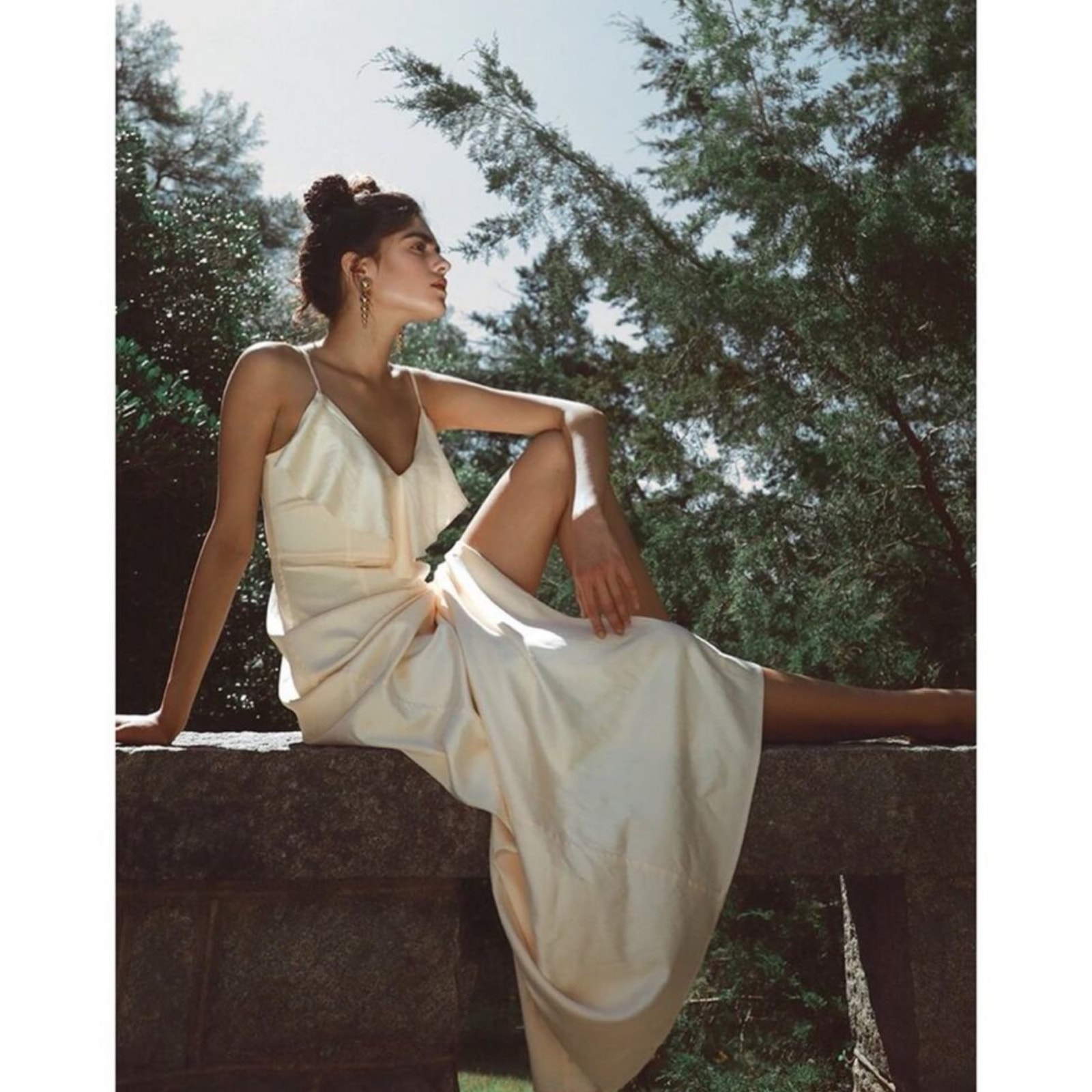 LPA 167 Creamy Ivory Champagne Silk Spandex High Slit Maxi Dress M