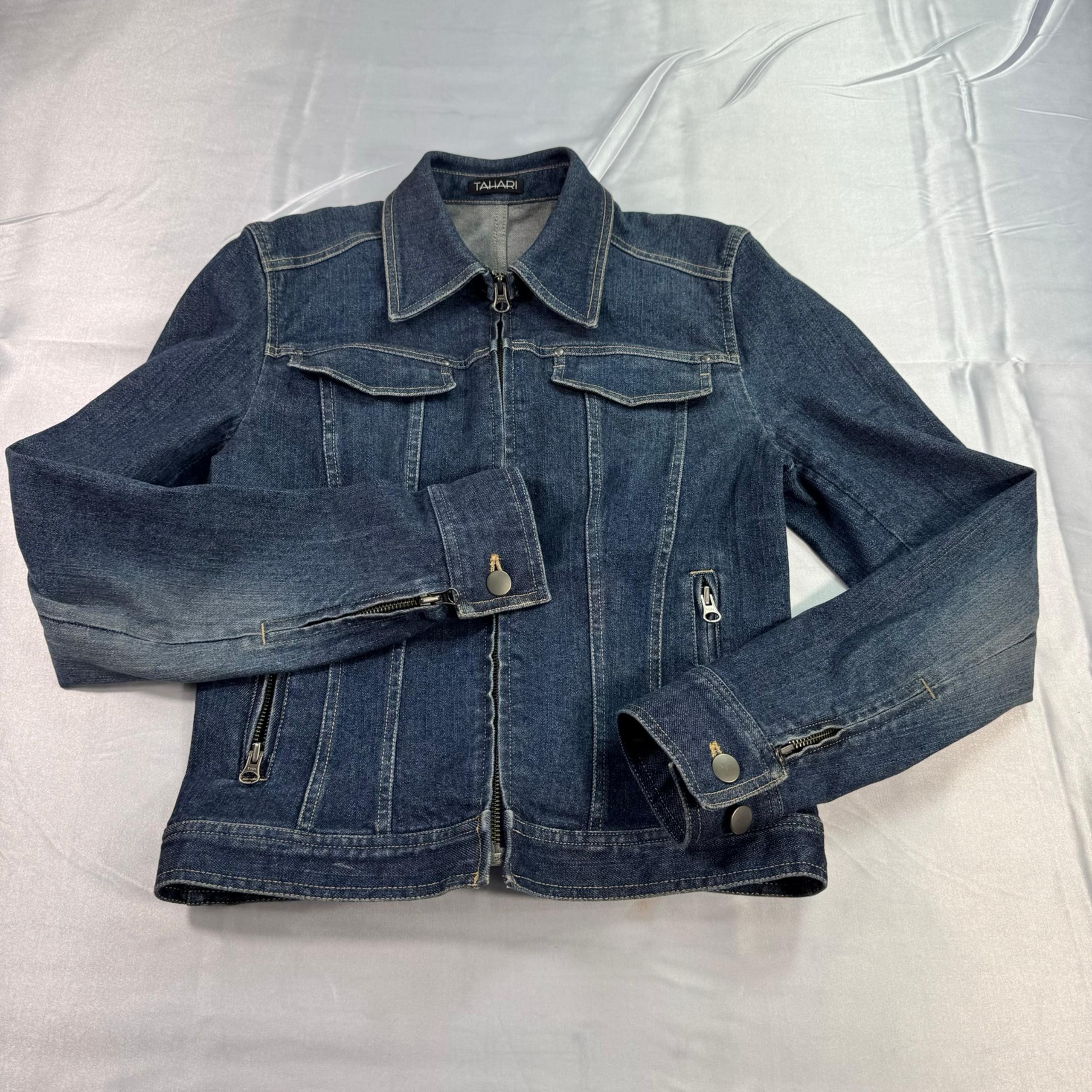 Tahari Womens Denim Jacket Full Zip Stretch Blue