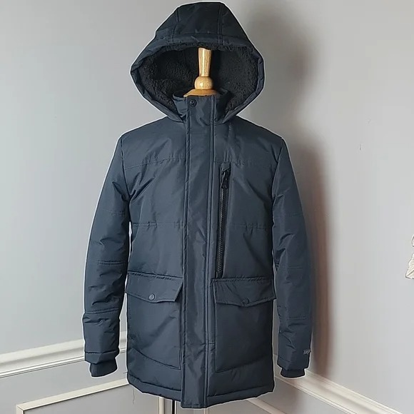 Perry Ellis Boy Navy Blue Attached Sherpa Hood Heavy Winter Parka Coat Sz 14/16