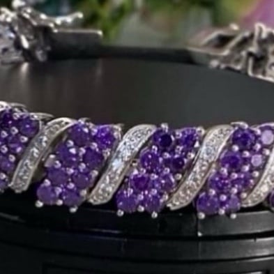 AMETHYST AND DIAMOND CRYSTALS RHODIUM FINISH WIDE BRACELET 8”