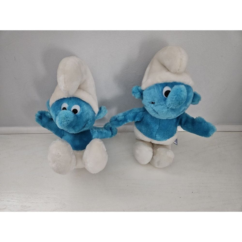 Vintage 1979 & 1981 Smurf Plushes Blue Stuffed Animal Wallace Berrie Peyo Korea