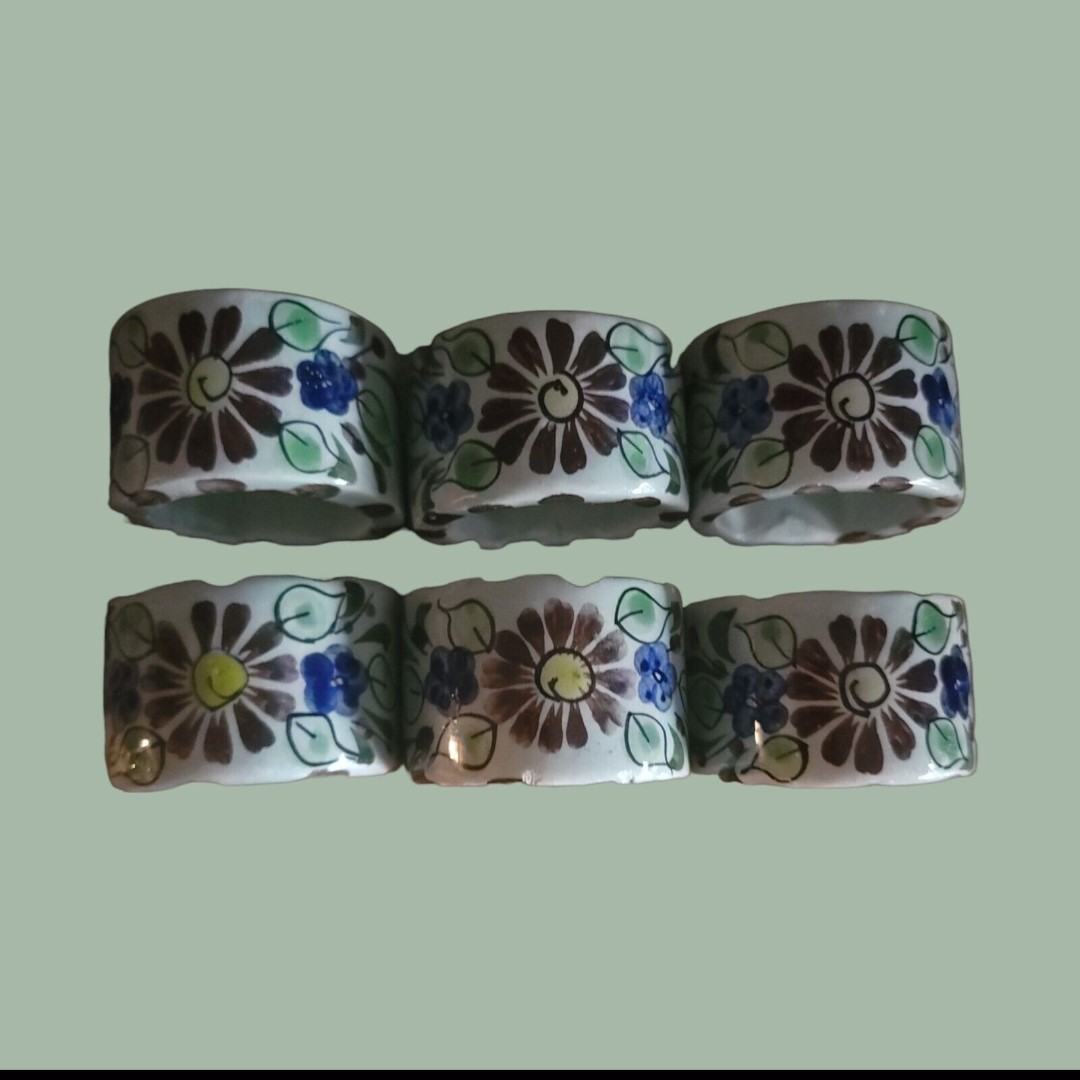 Mexican Tonala Pottery Ken Edwards Napkin Rings White Flower Set of 6