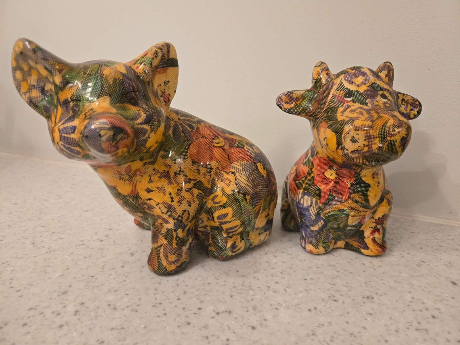 Vintage floral decopoge ceramic cow and pig