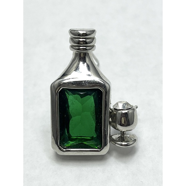 Vintage Green Glass Bar Bottle With Cup Brooch Pin