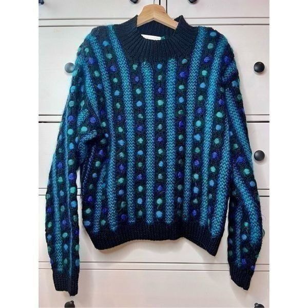 Casual Corner Limited Edition Hand Knit Black Blue Wool Mohair Sweater Size L un