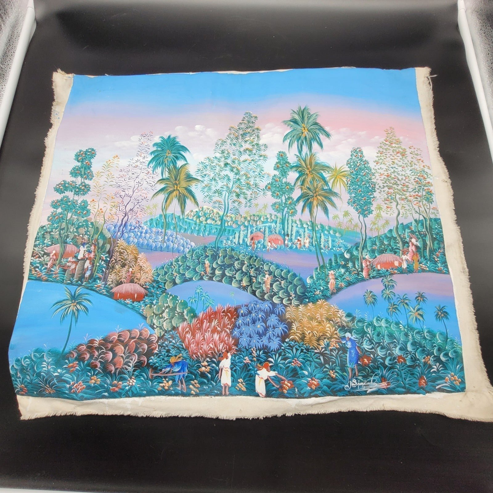 Vintage Haiti Signed Painting Canvas 23x21 Re