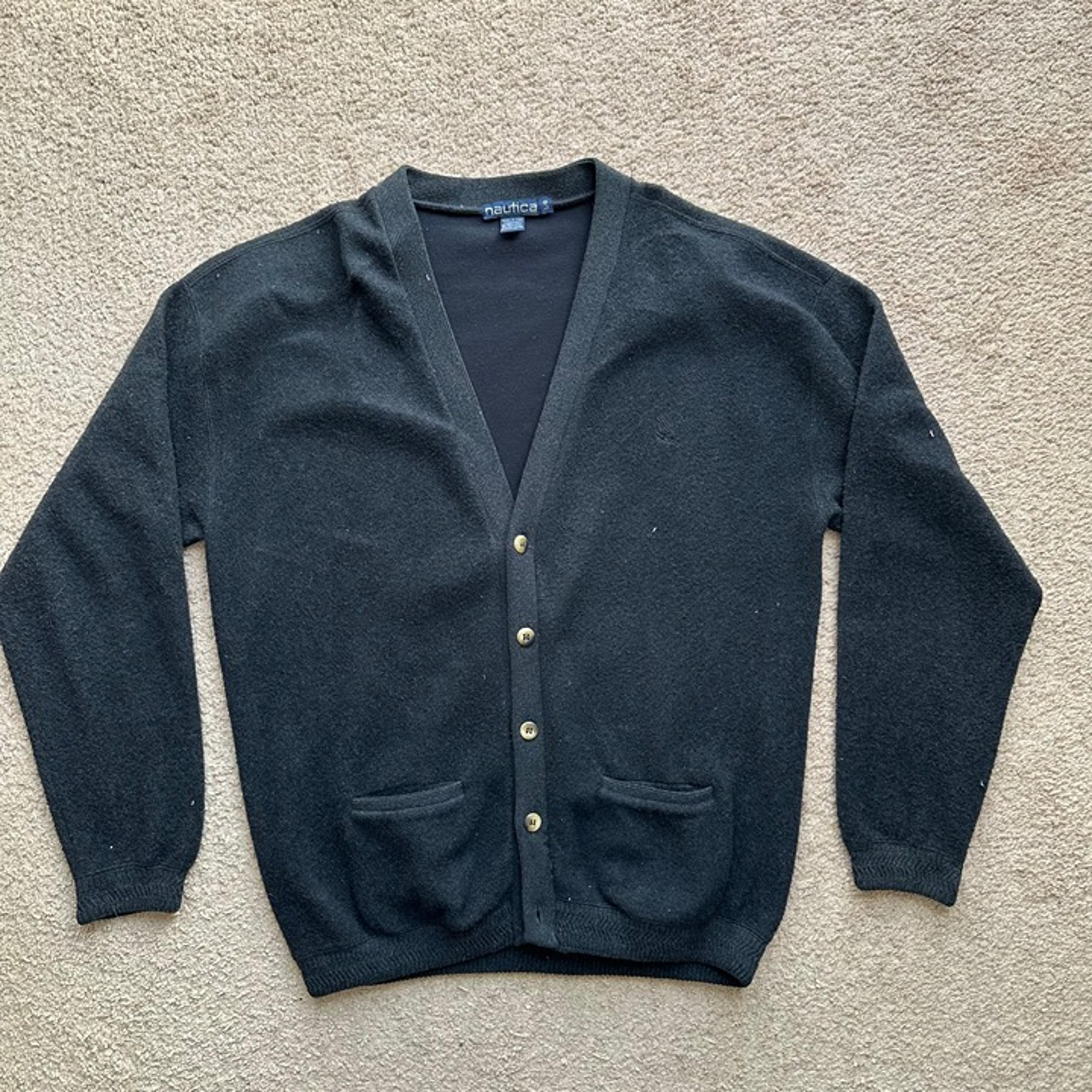 Nautica Sweater Mens Large *Flaw* Button Close Cardigan Dark Grey Wool Blend