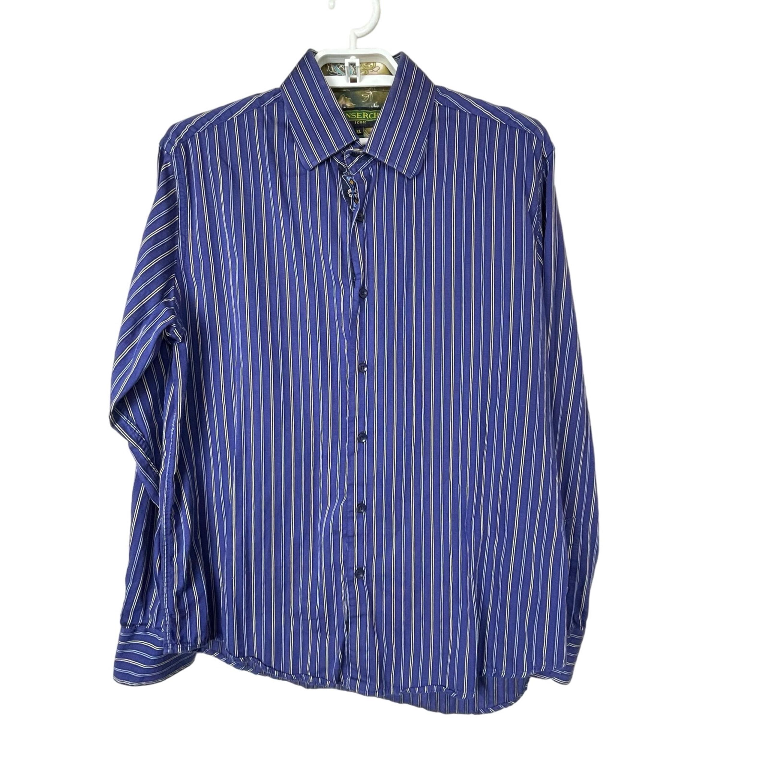 INSERCH Icon Men's Long Sleeve Blue White Striped Shirt Cotton Size XL Button Up