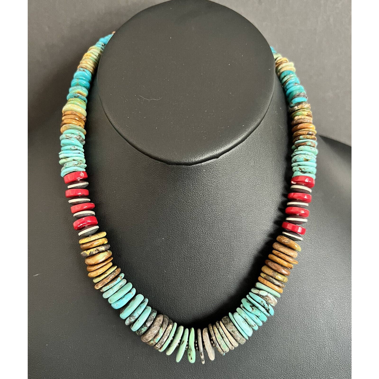 Sterling Silver Blue Green Turquoise W Red Coral Bead Necklace 19 Inch