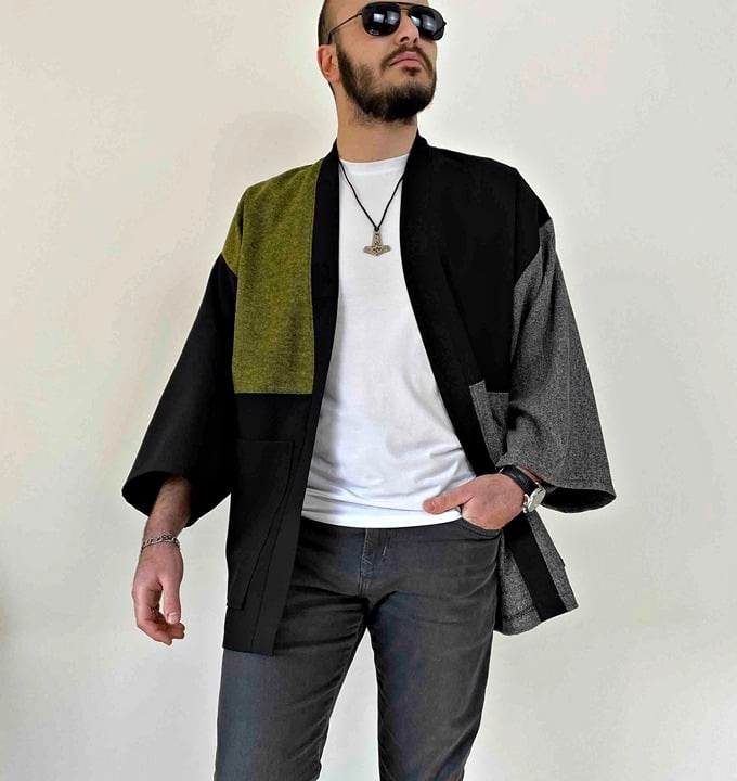 Men Japanese Kimono Cardigan, Streetwear Loose Haori Coat