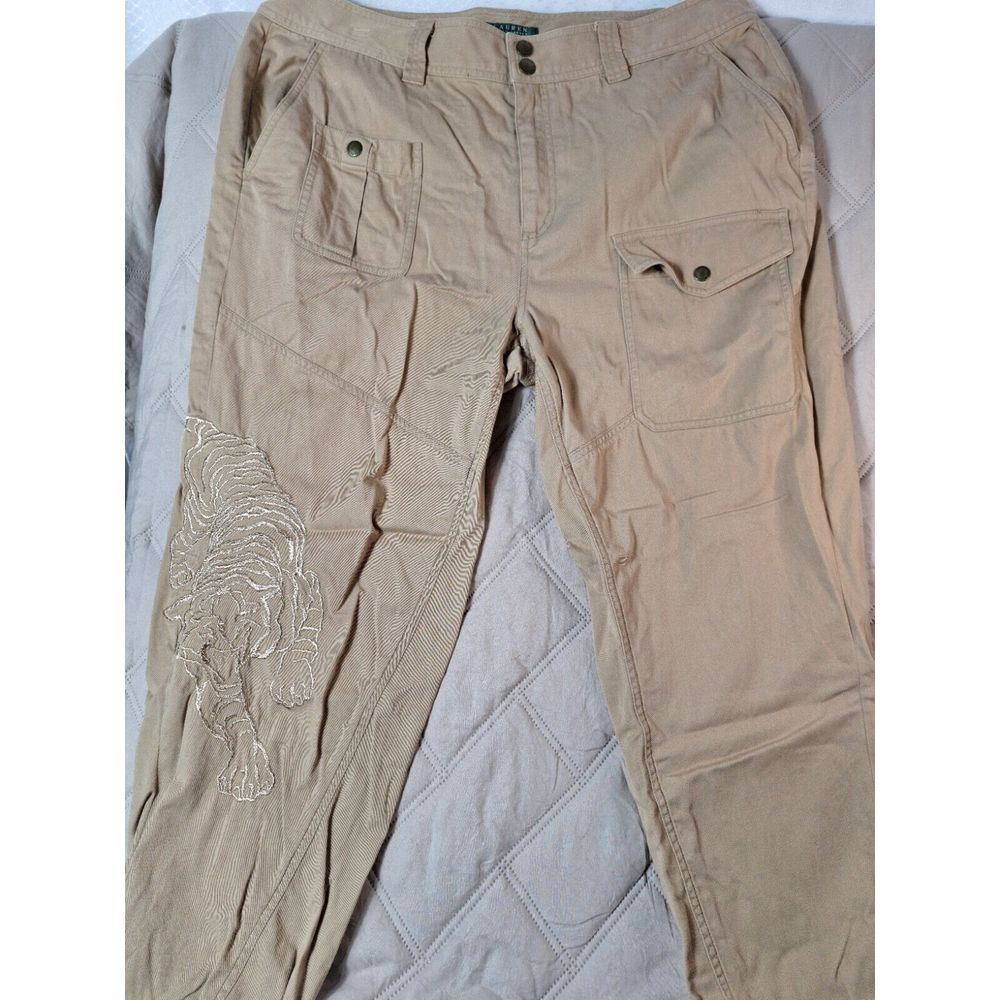 LAUREN RALPH LAUREN Cargo Pants Womens Sz 16 Beige Gold Tiger Embroidery Tie Leg