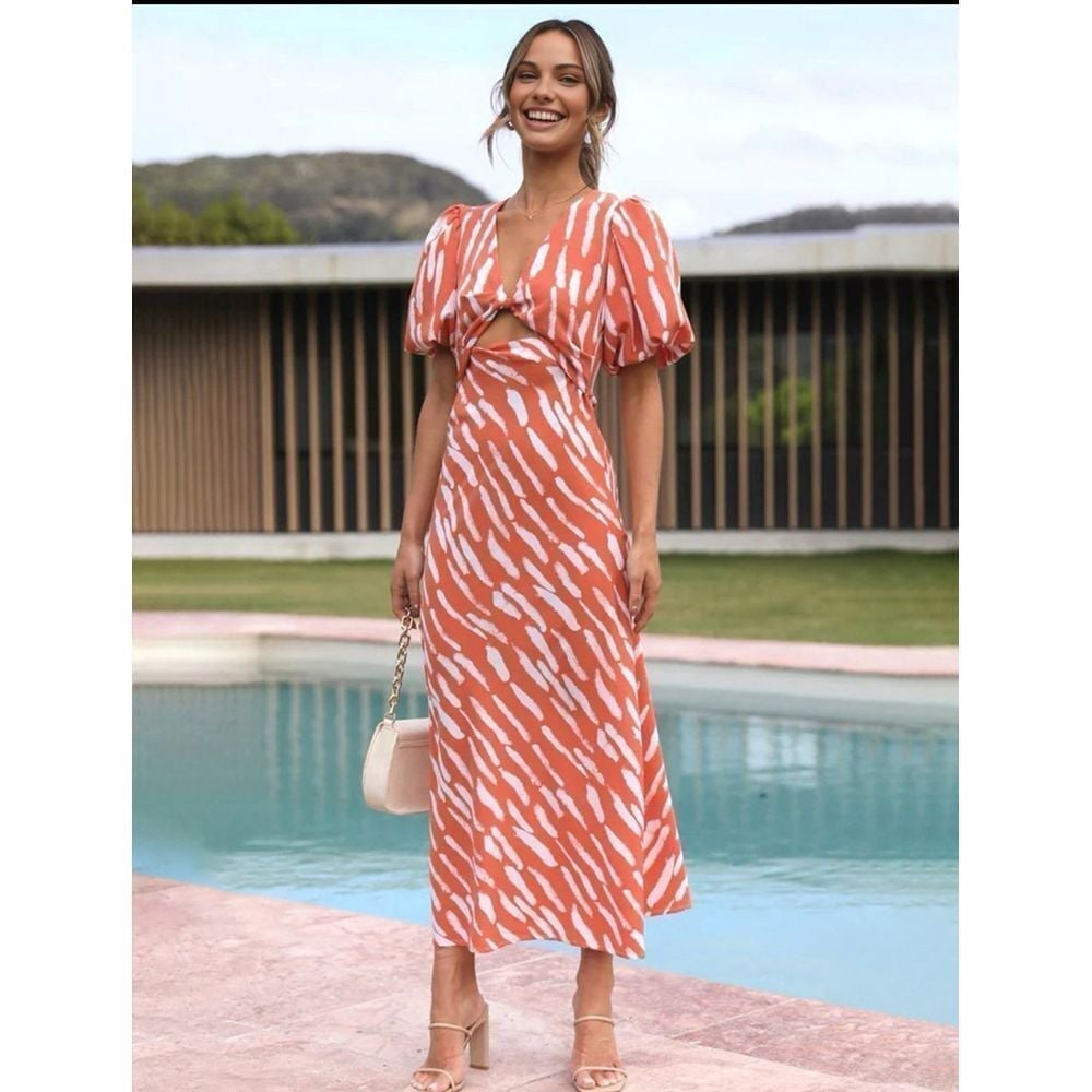 Commense Print V-Neck Bubble Sleeves Hollow Out Dress Size S
