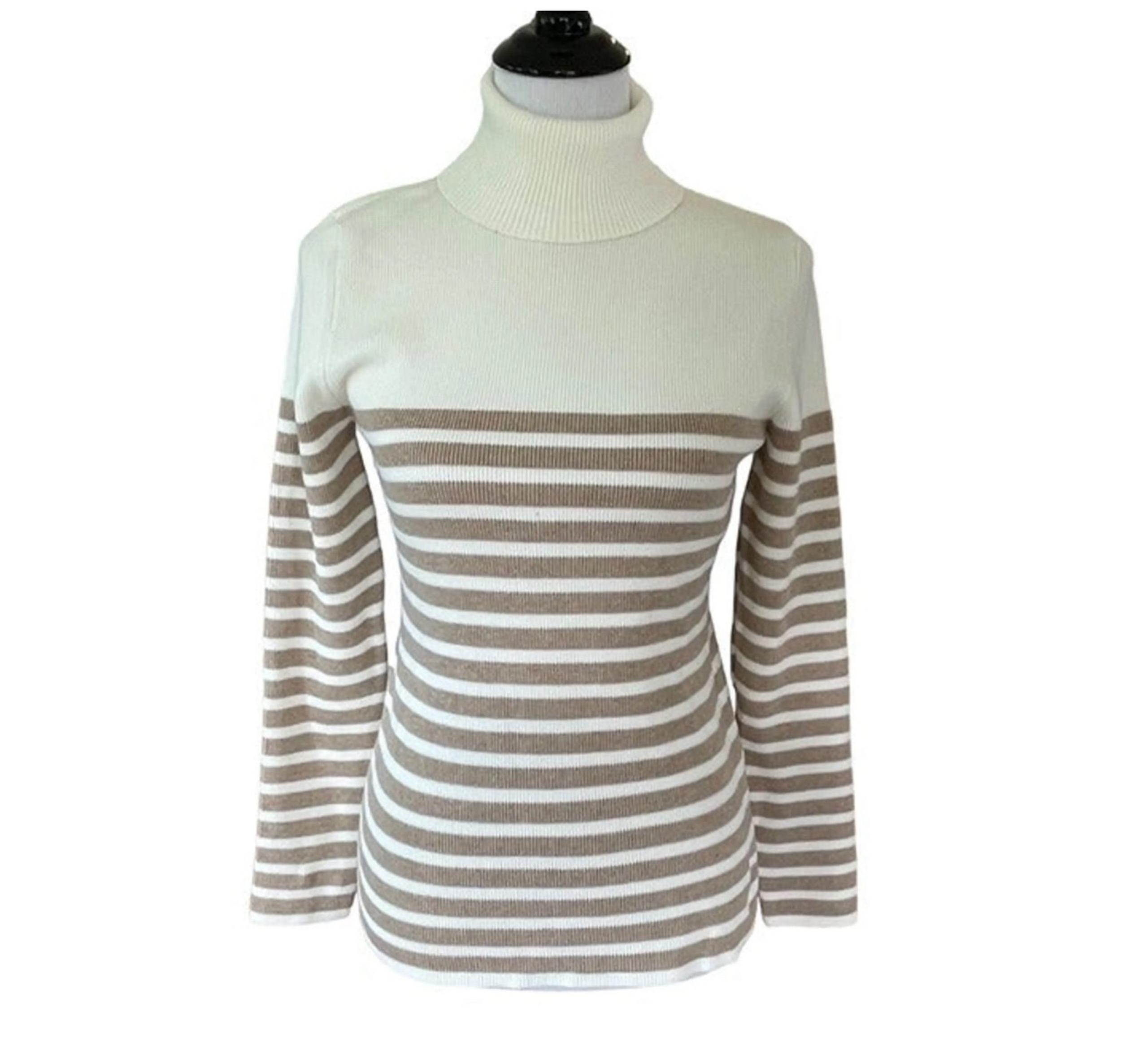 Orvis Sweater Women’s Medium White Brown Turtle Neck Striped Pullover Casual