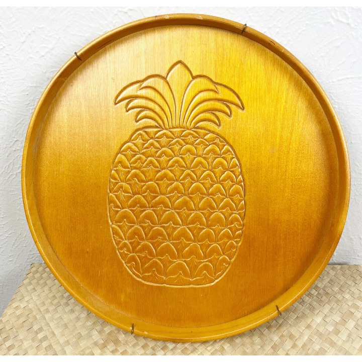 MaLeck Wingate Wooden Pineapple Carved Round Tray 1982 Wall Hanging MCM 14” GUC