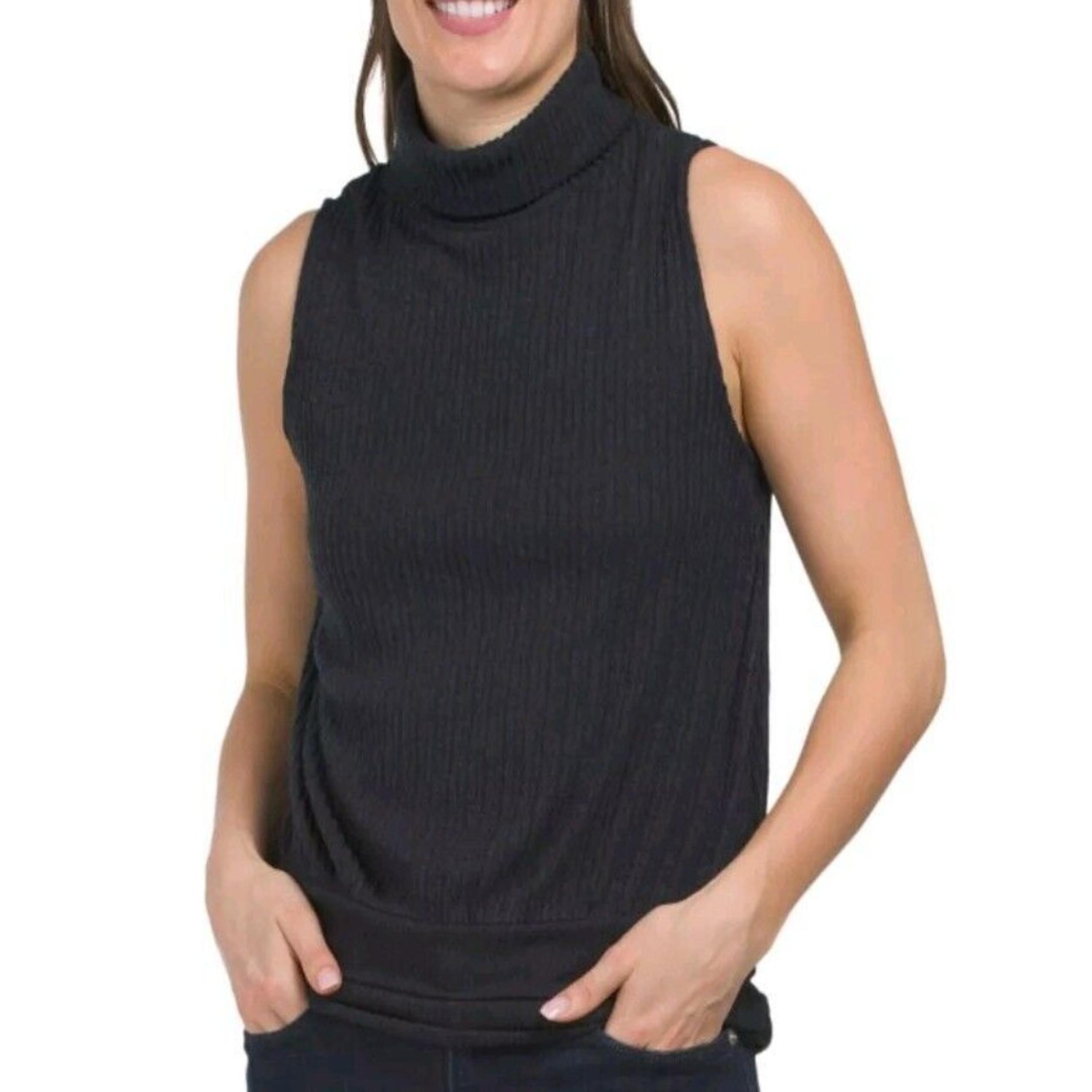 Democracy Sleeveless Turtleneck Banded Hem Knit Top Black Size XS
