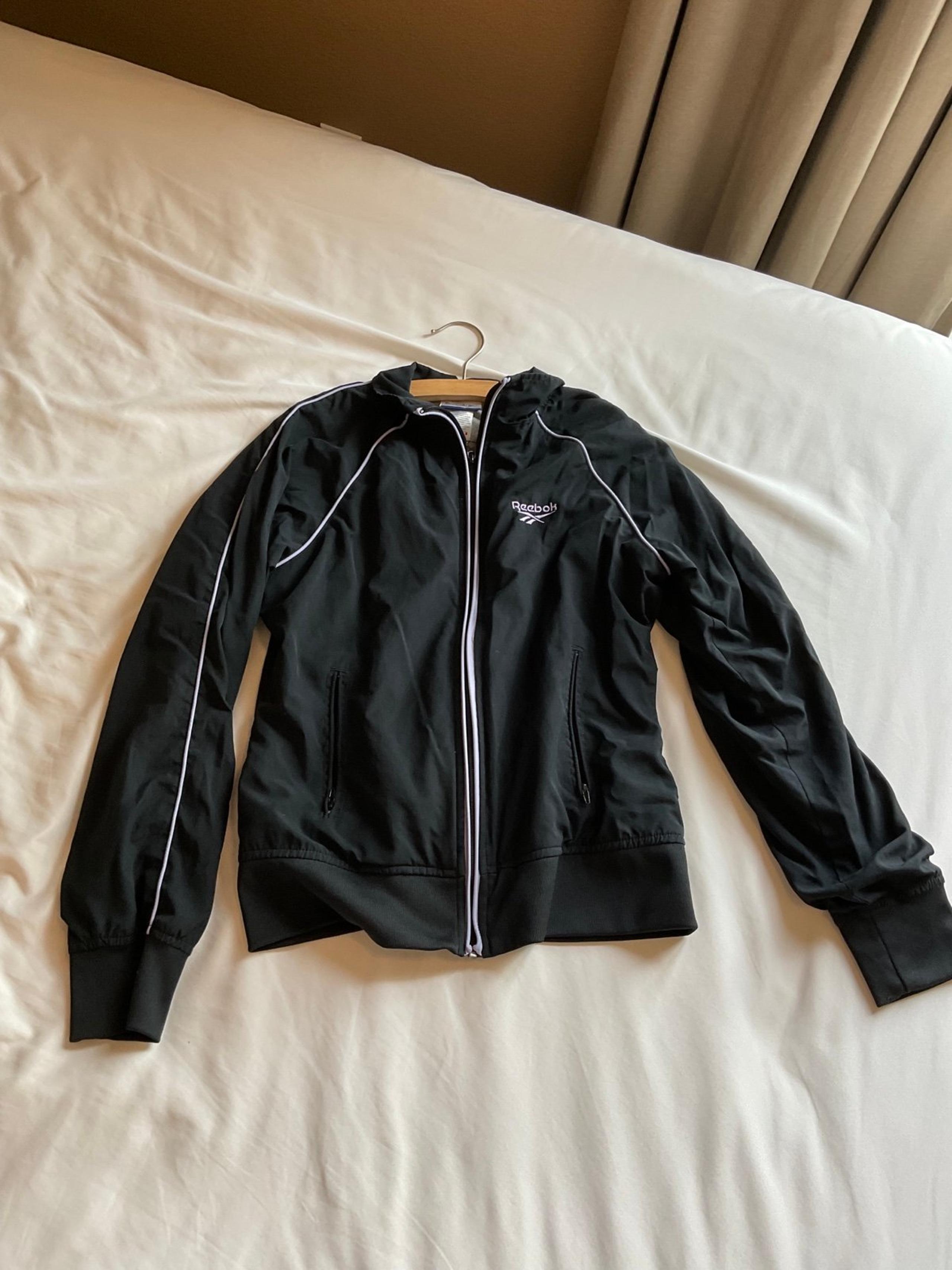 Vintage Reebok Windbreaker Jacket Black with Purple Detailing Size L