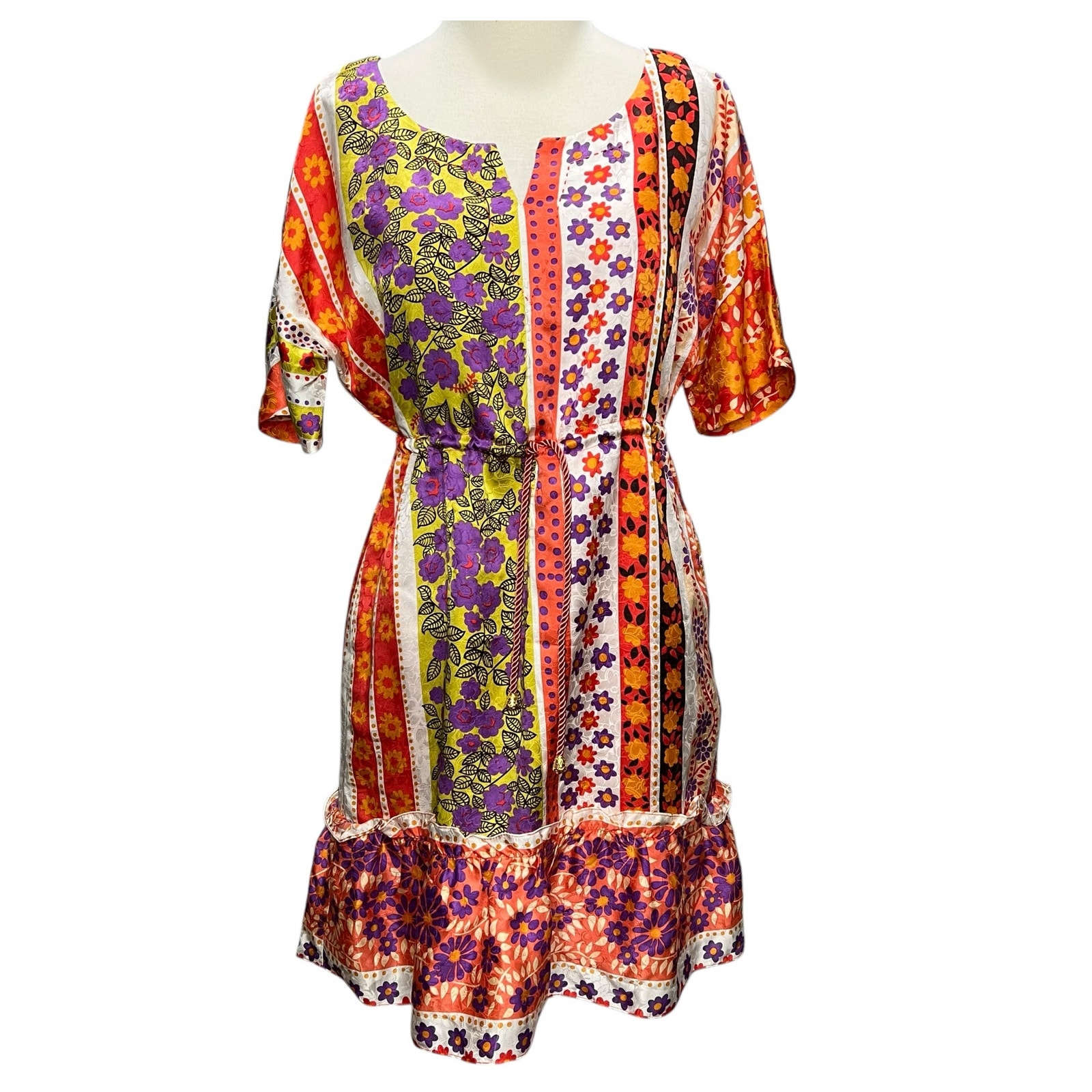 Phoebe Couture Dress 2 Orange Multi Floral Silk Drawstring Boho Chic Eclectic