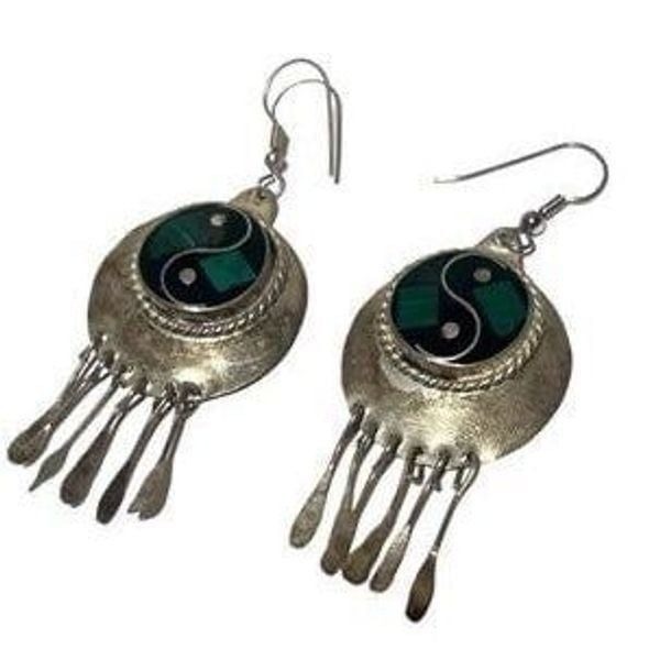 Vintage Alpaca Mexico Silver Yin Yang Malachite & Onyx Inlay Dangle Earrings