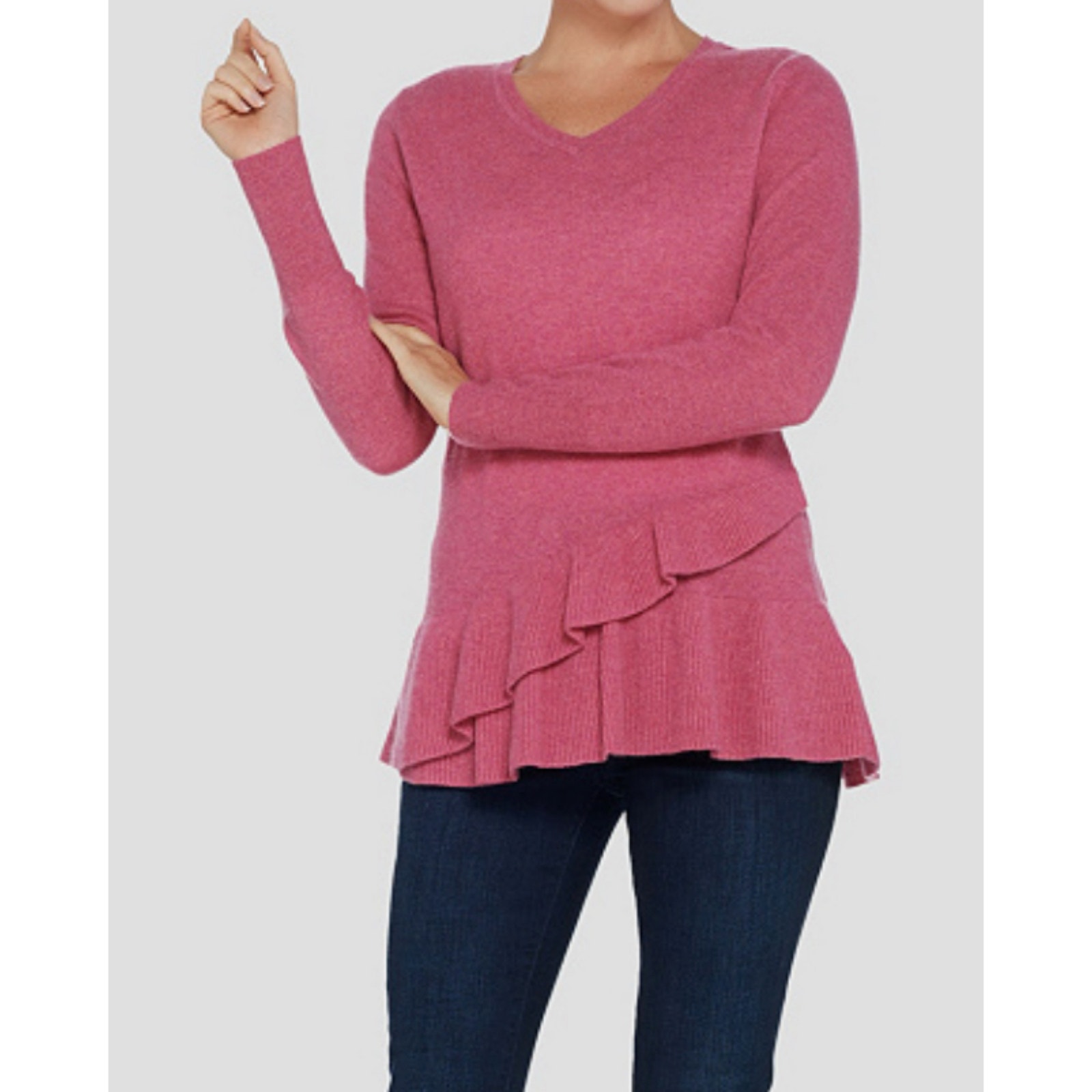 Isaac Mizrahi Cashmere V-Neck Ruffle Peplum Sweater Hthr Rose Soft Women's L