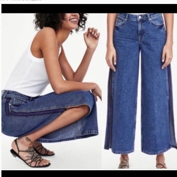 Zara Wide Leg Side Slit Jeans Denim Culottes Size 00 High Waist